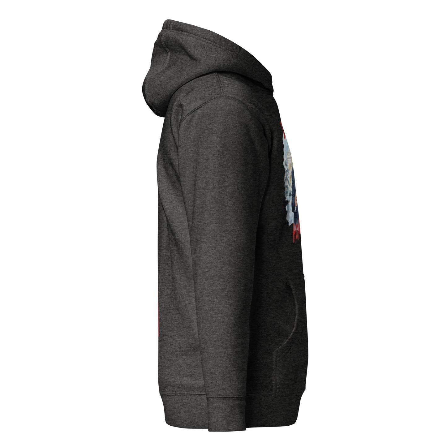 Angled side view of dark gray Trump Christmas hoodie showing Santa graphic edge