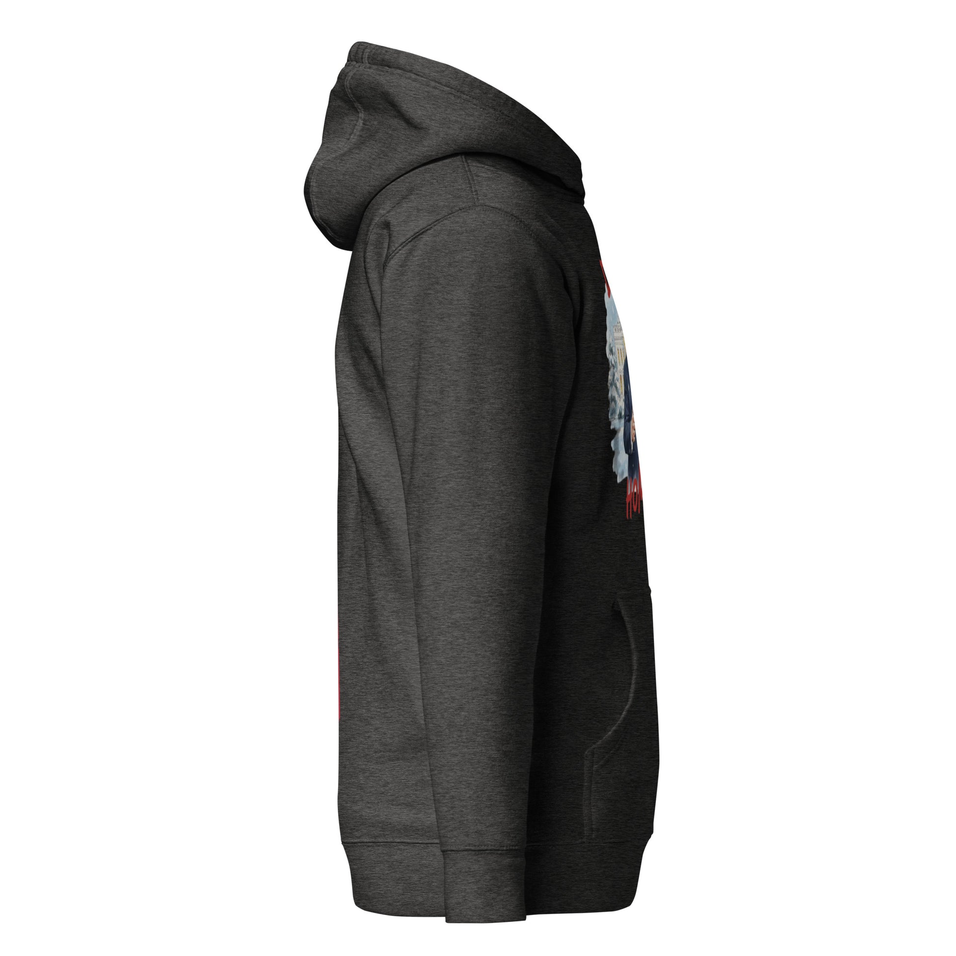 Side view of charcoal gray Trump Christmas hoodie with pouch pocket and print detail