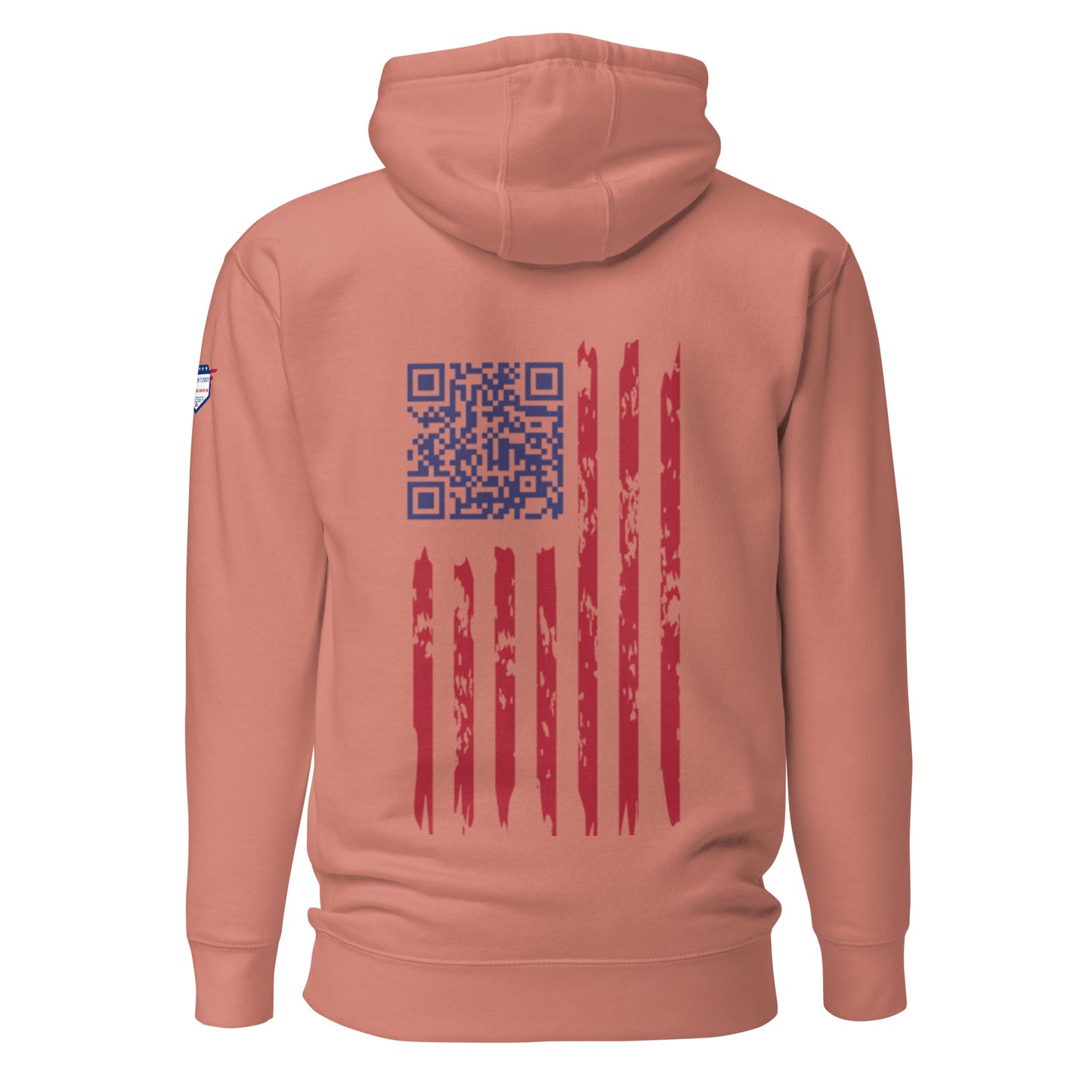 Back view of peach hoodie featuring blue QR code for Trump Dance and grunge flag print