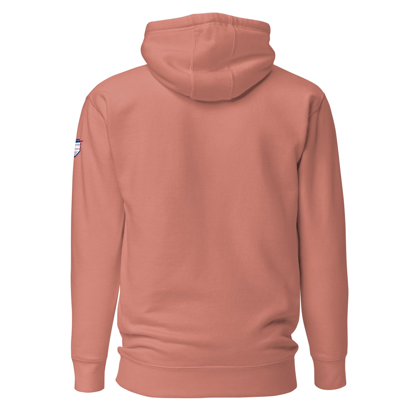 Back view of coral unisex hoodie with self-fabric patch detail on shoulder