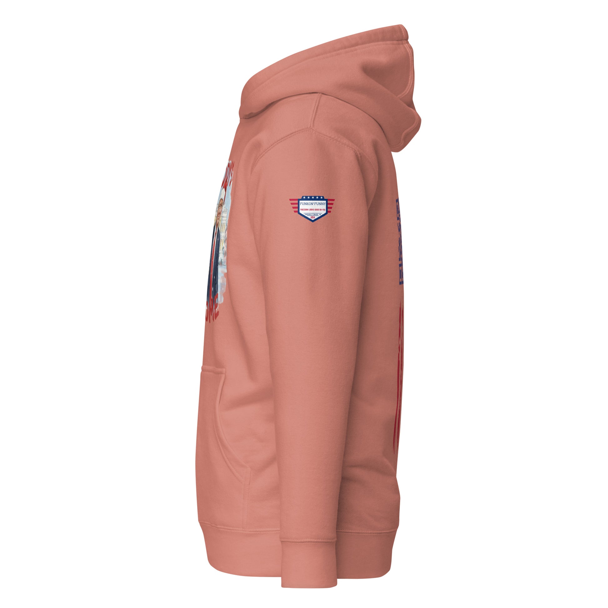 Left side view of coral hoodie with partial Santa Trump print, USA sleeve patch, kangaroo pocket