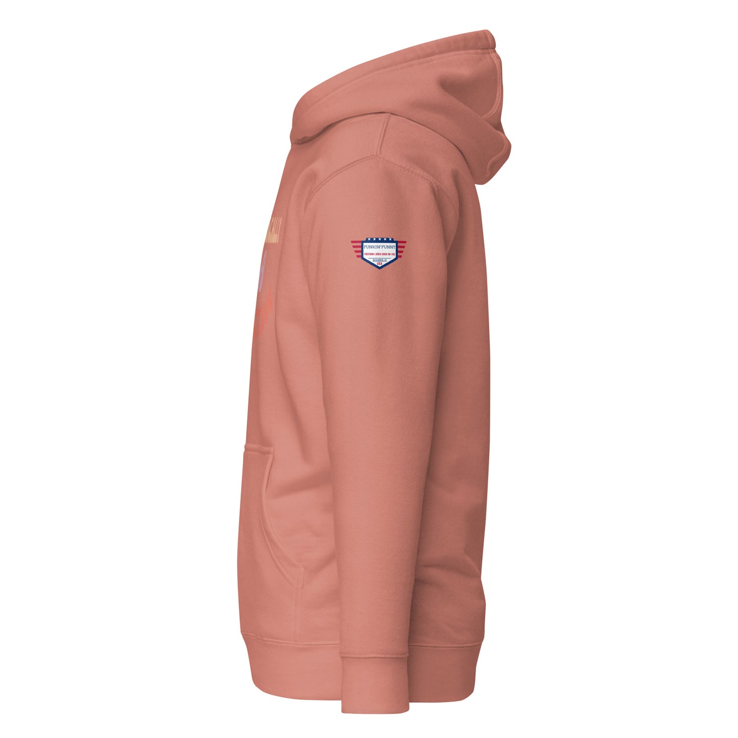 Right side view of coral unisex hoodie showing blue flag patch, pouch pocket, and relaxed fit