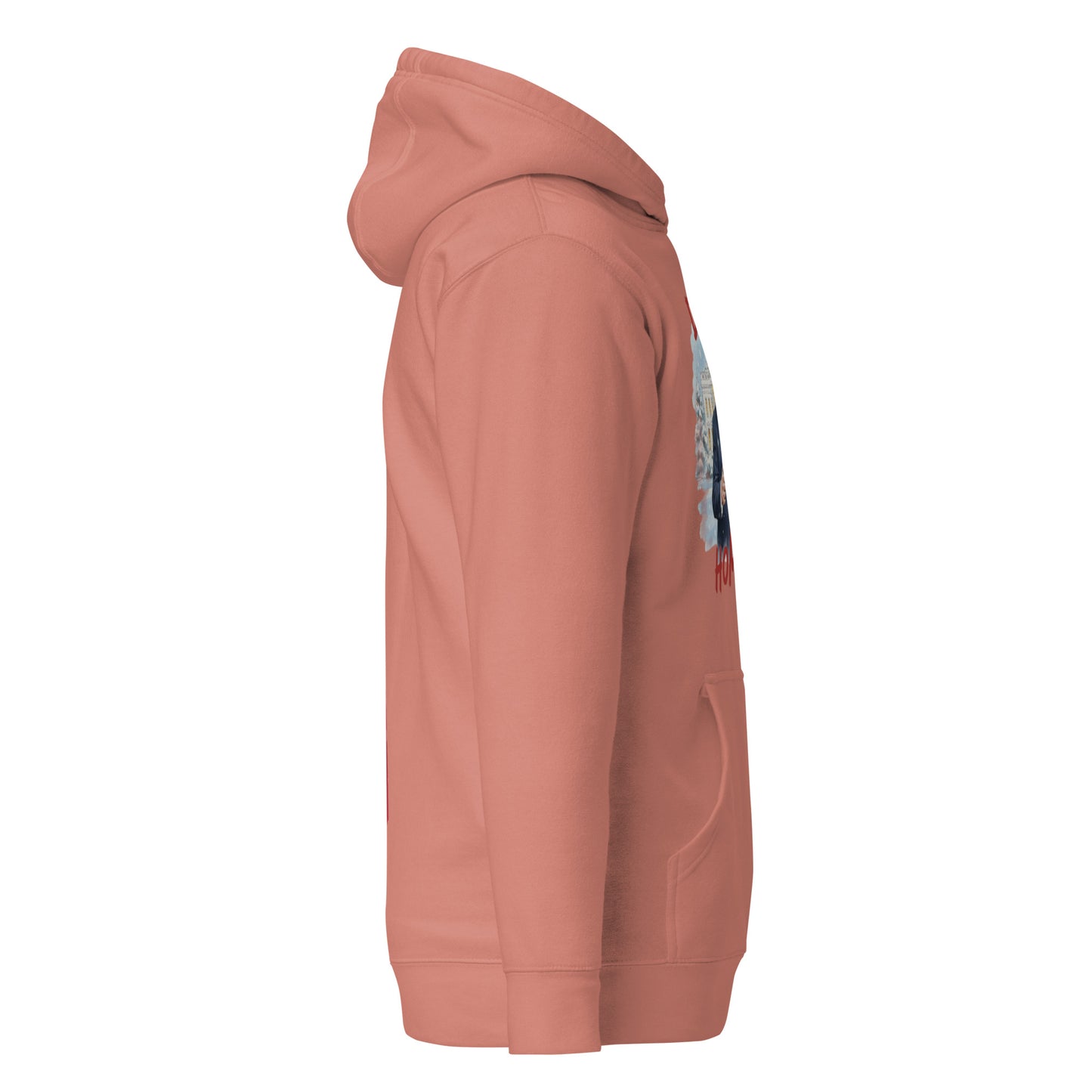 Right side view of coral Daddy’s Home Trump Santa hoodie, hood and pocket visible