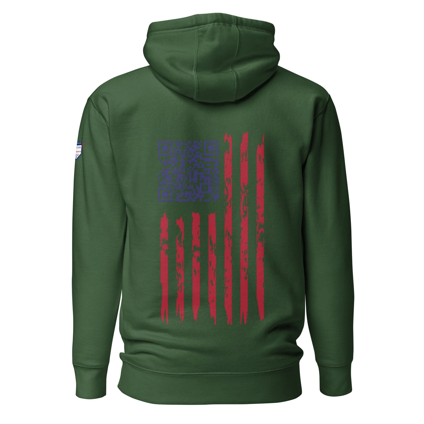 Back view of forest green hoodie with blue QR code above distressed American flag stripes and flag patch