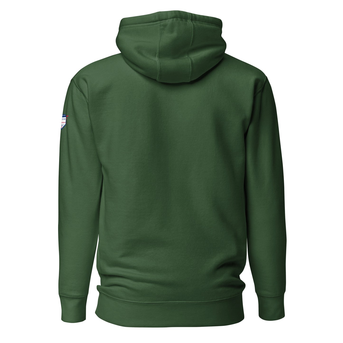 Back view of green unisex hoodie with white USA flag shoulder patch, sleek and simple