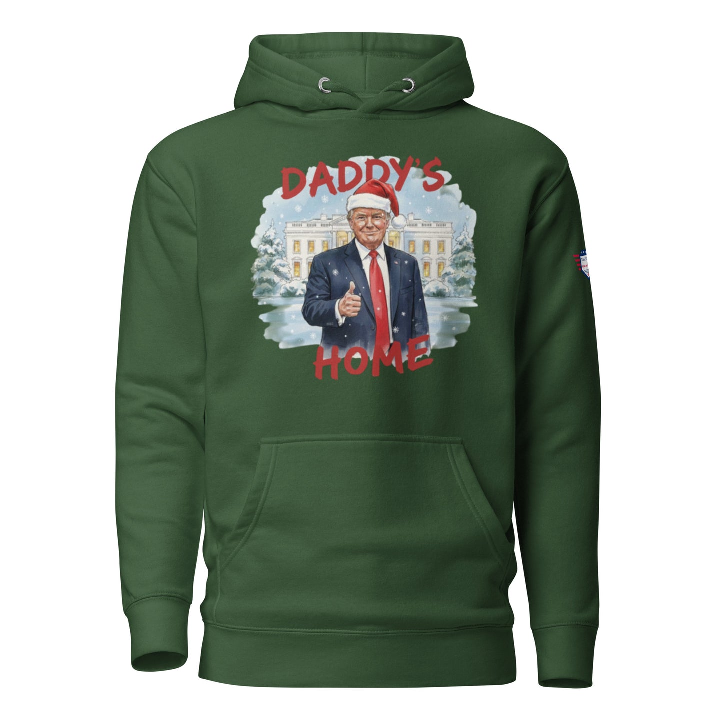 Front view of army green Daddy’s Home Trump Christmas hoodie – Santa Trump thumbs up at snowy White House