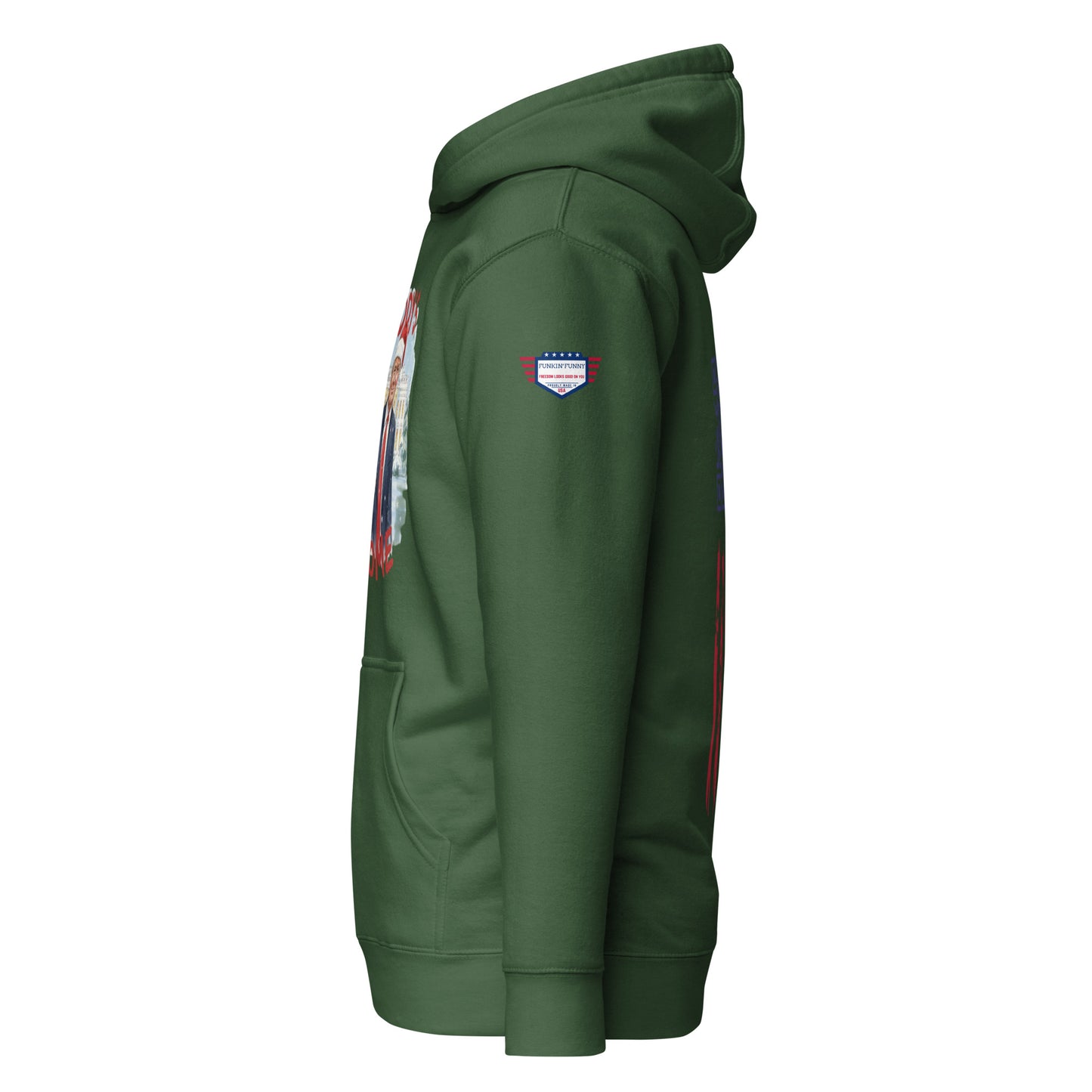 Side view of army green Trump hoodie showing partial Santa Trump front print, US flag patch, pouch pocket