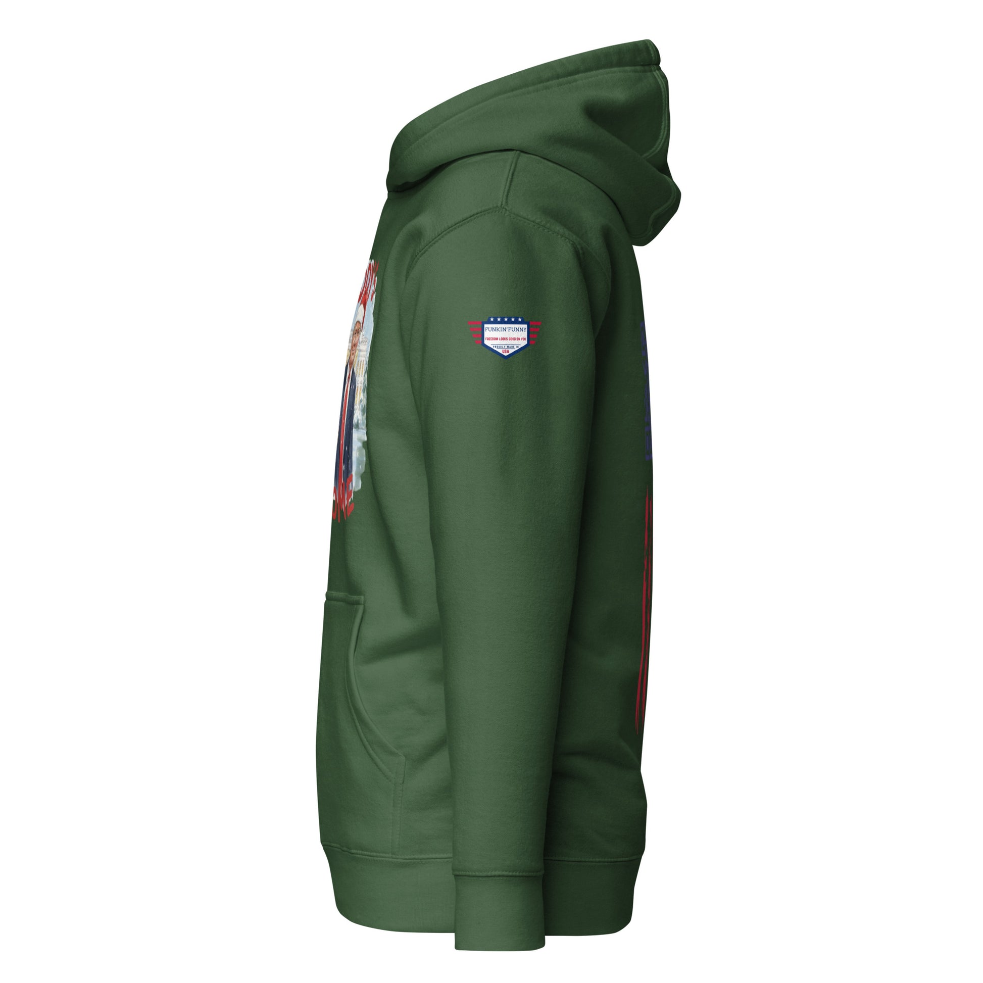 Side view of army green Trump hoodie showing partial Santa Trump front print, US flag patch, pouch pocket
