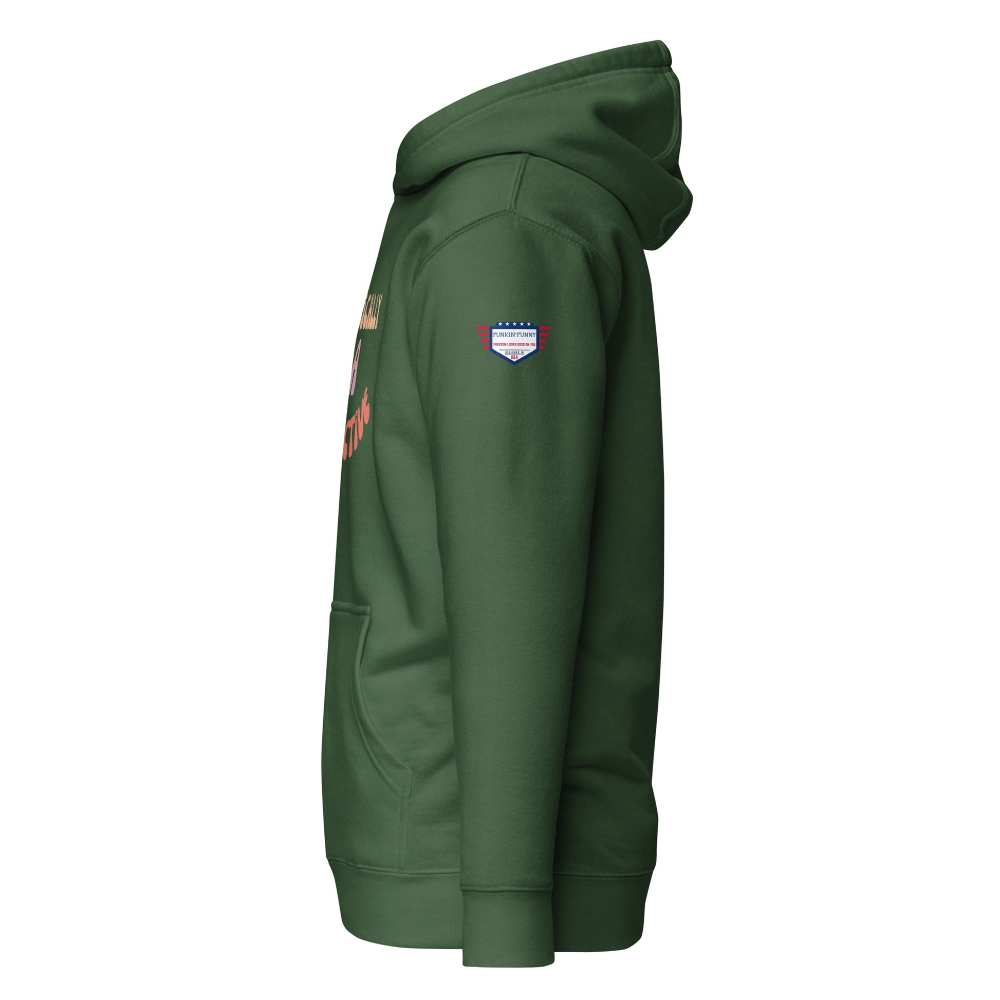 Right side view of green hoodie displaying partial text, kangaroo pocket, and USA flag sleeve patch