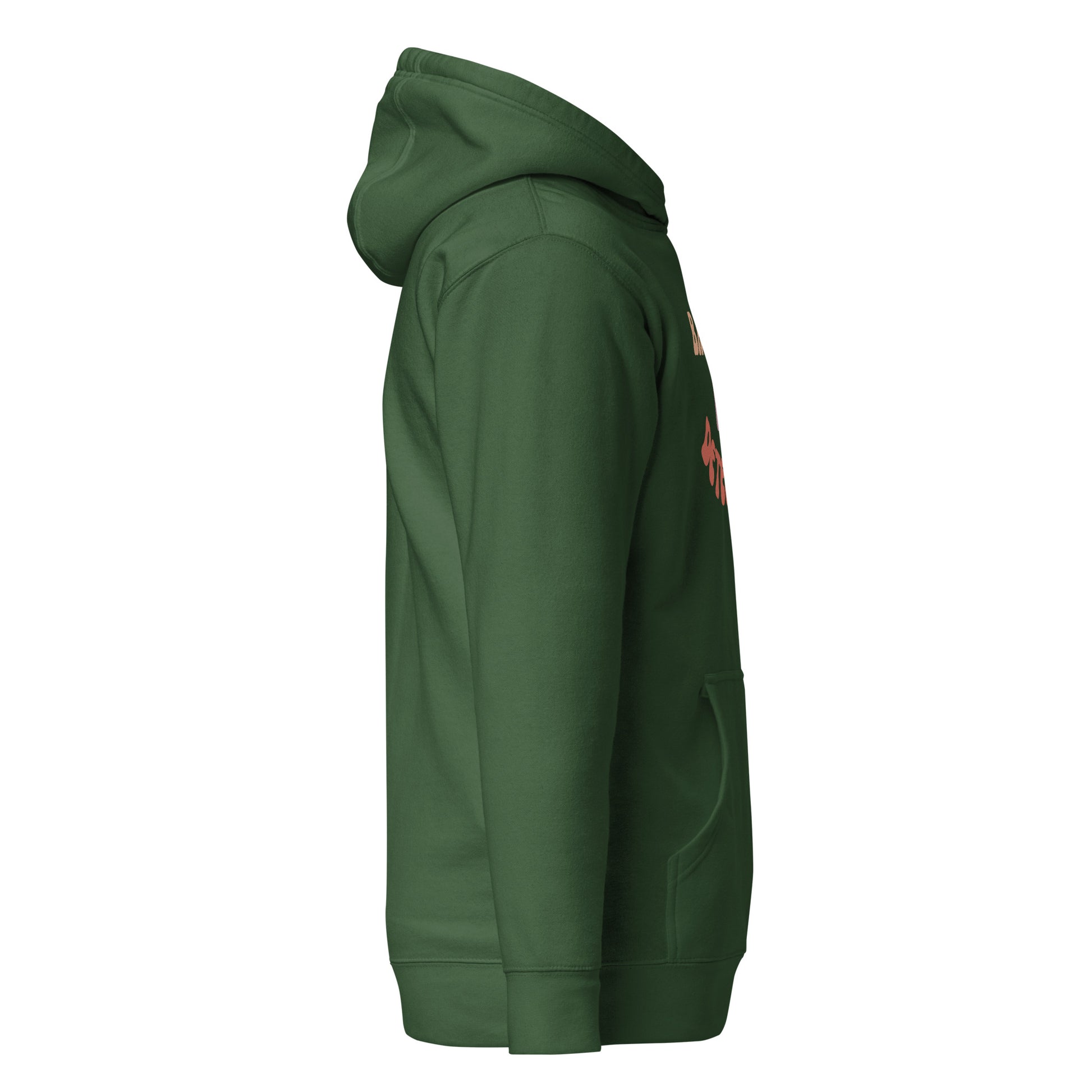 Left side view of green hoodie with "Detective" text peek and cozy hood details
