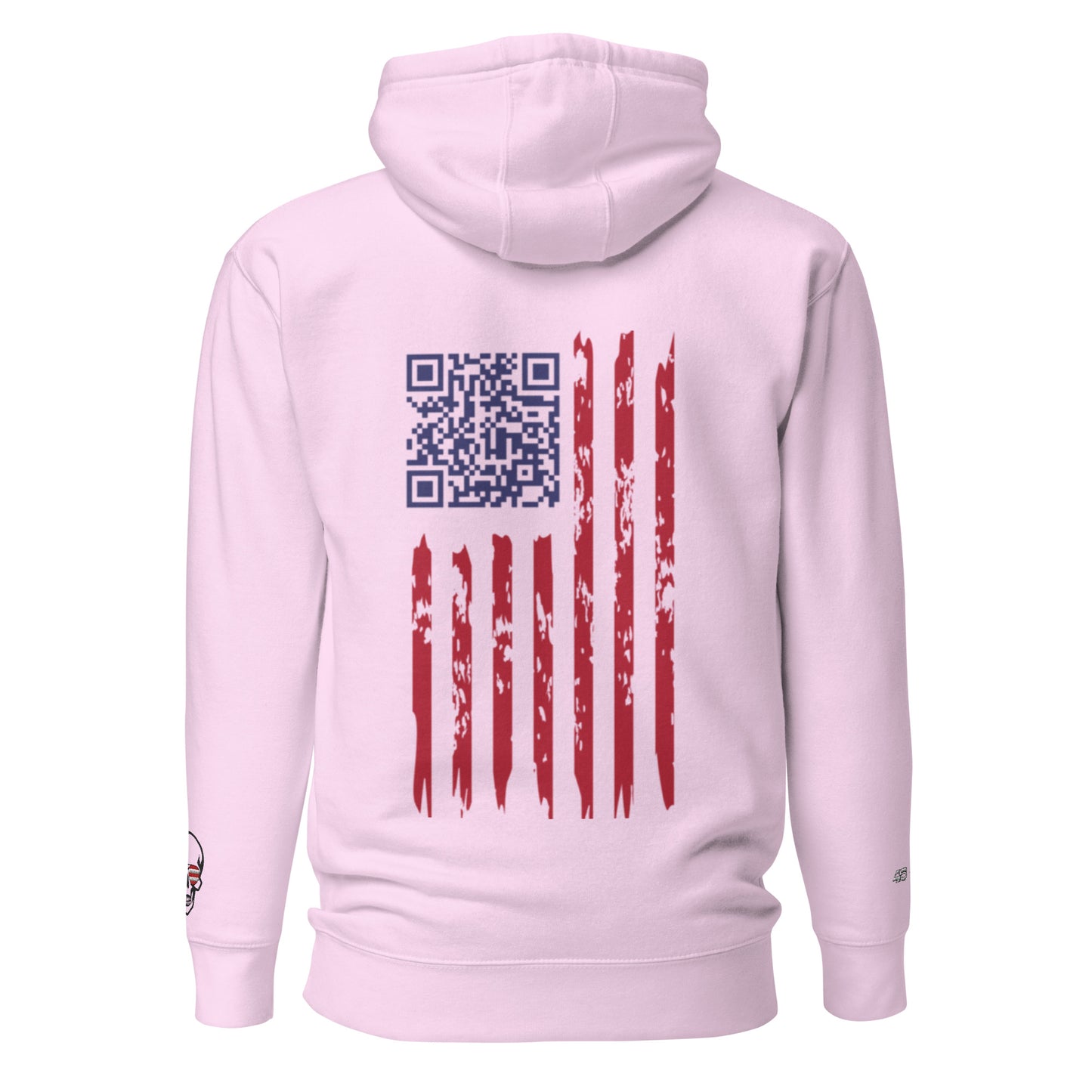 Back view of light pink hoodie featuring sneaky QR code embroidered in distressed American flag design, skull label