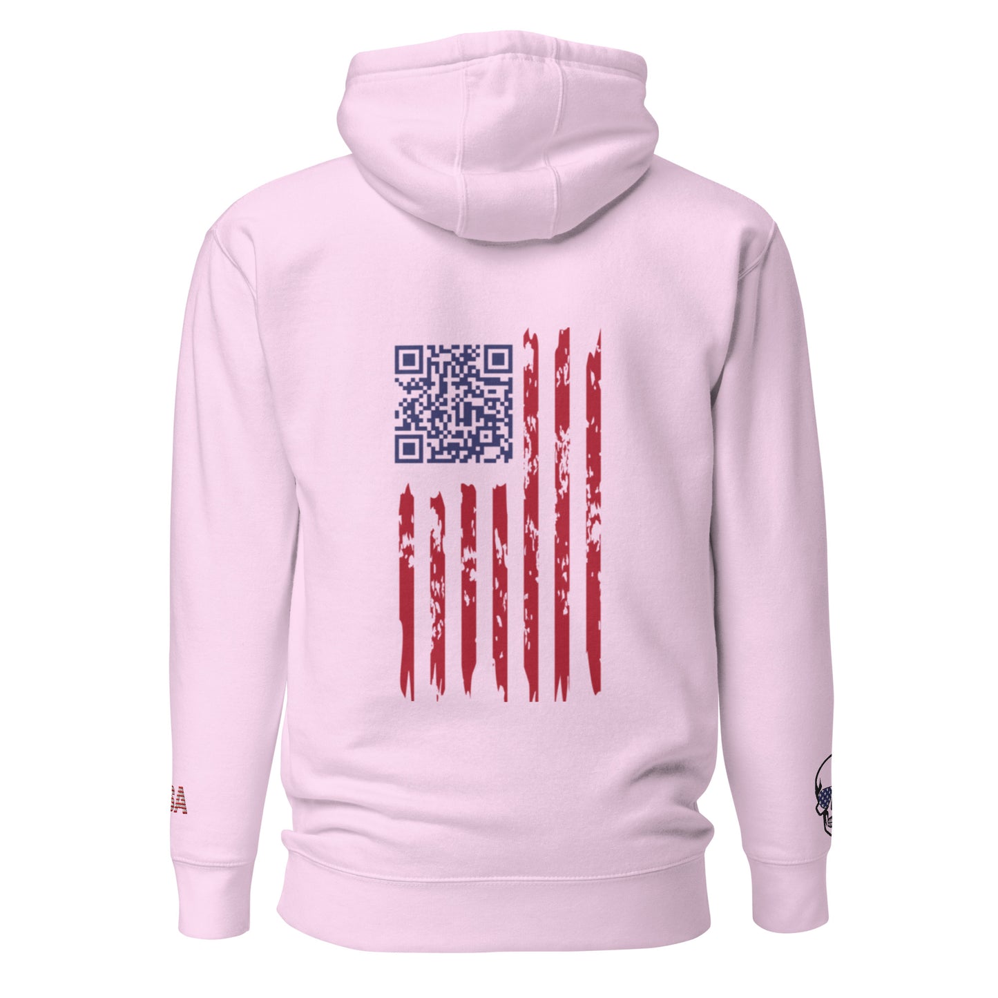 Back view of light pink hoodie with QR code over grunge American flag patch and USA skull