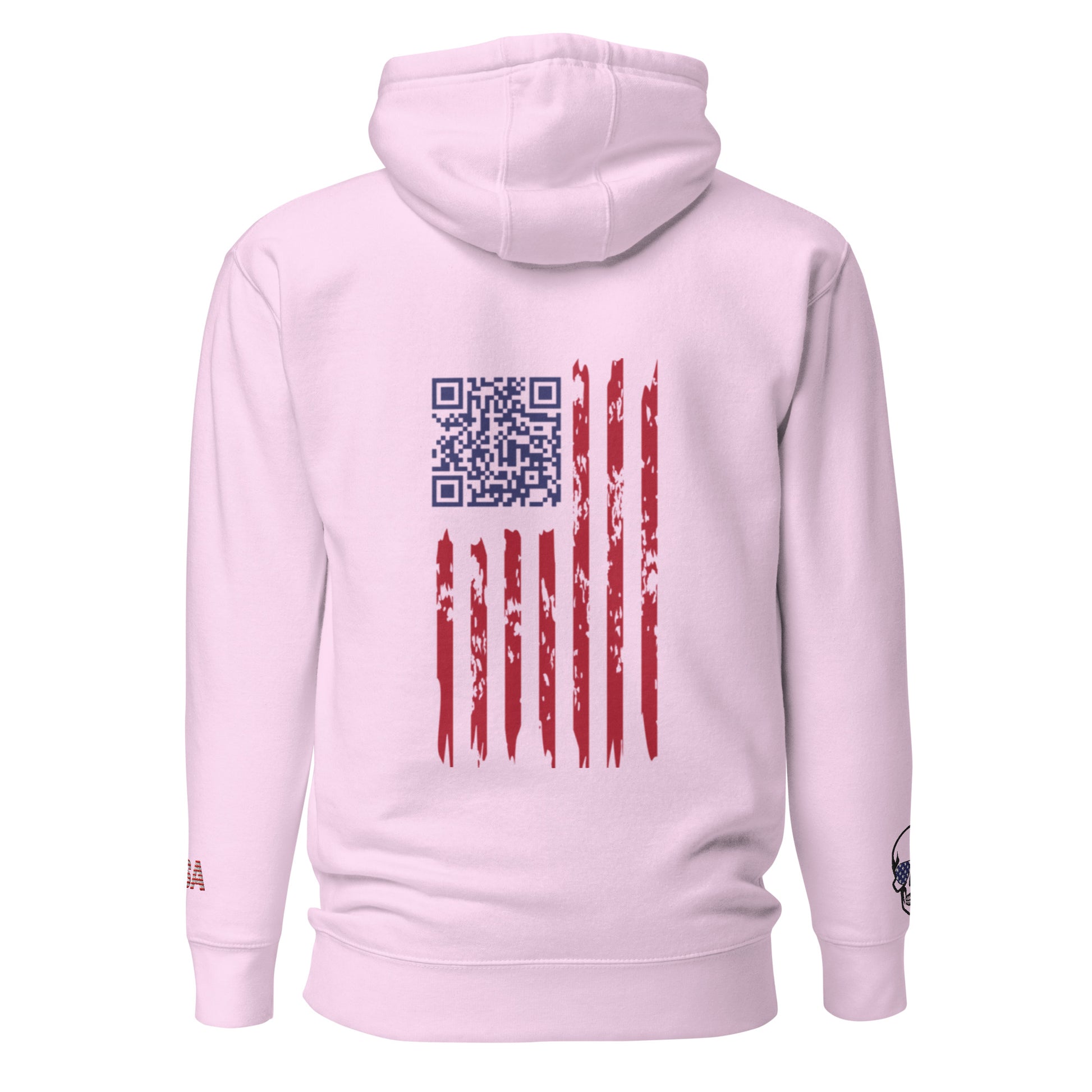 Back view of light pink hoodie with QR code over grunge American flag patch and USA skull