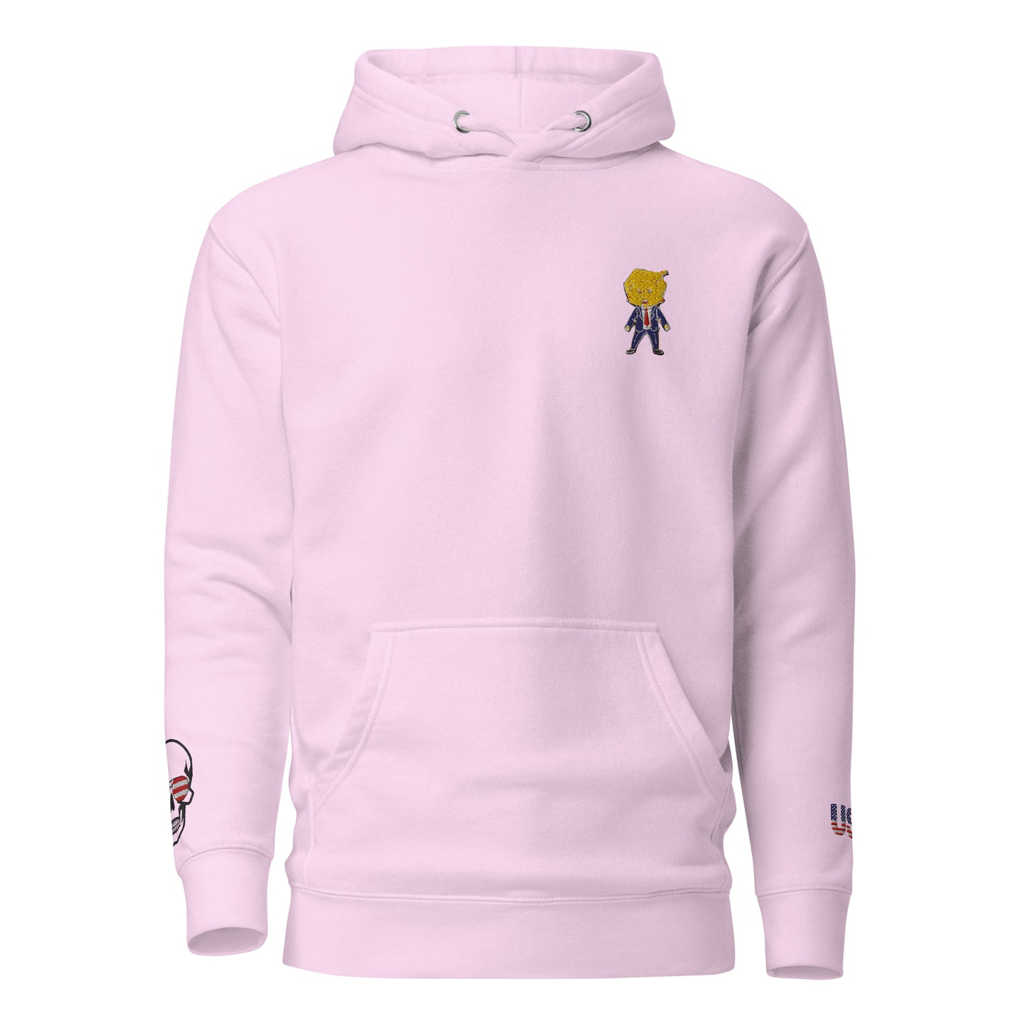 Front view of light pink Happy Trump embroidered hoodie, cartoon on chest, flag skull sleeve detail