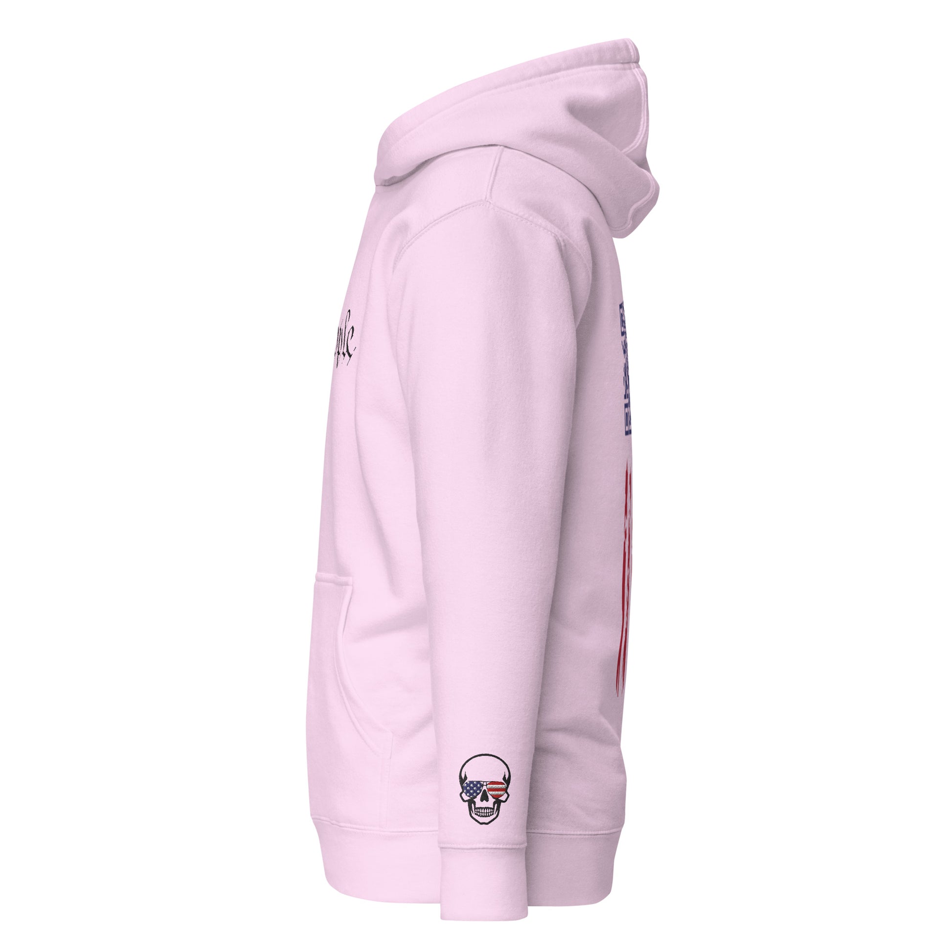 Right side profile of light pink comfy hoodie, skull patch visible on sleeve, hint of back flag vibes