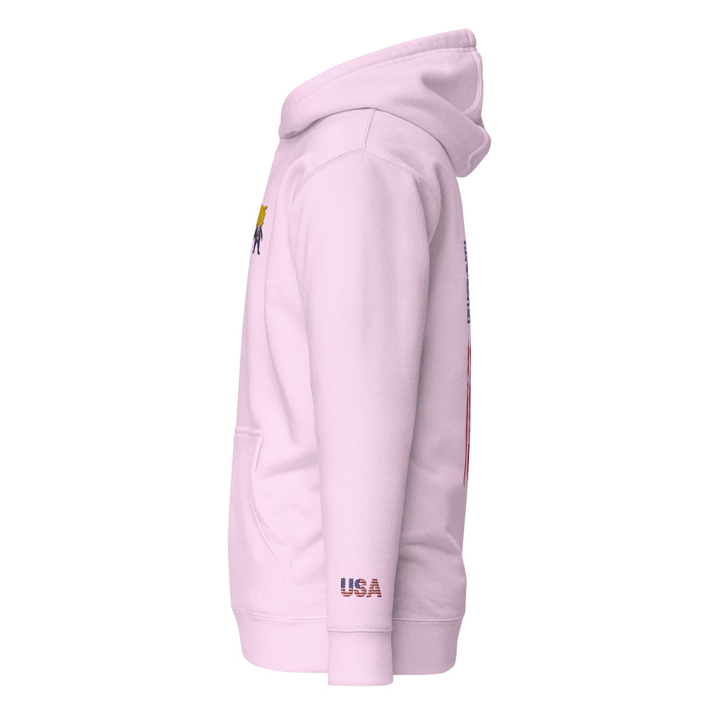 Right side view of light pink hoodie displaying Happy Trump embroidery, USA flag sleeve patch