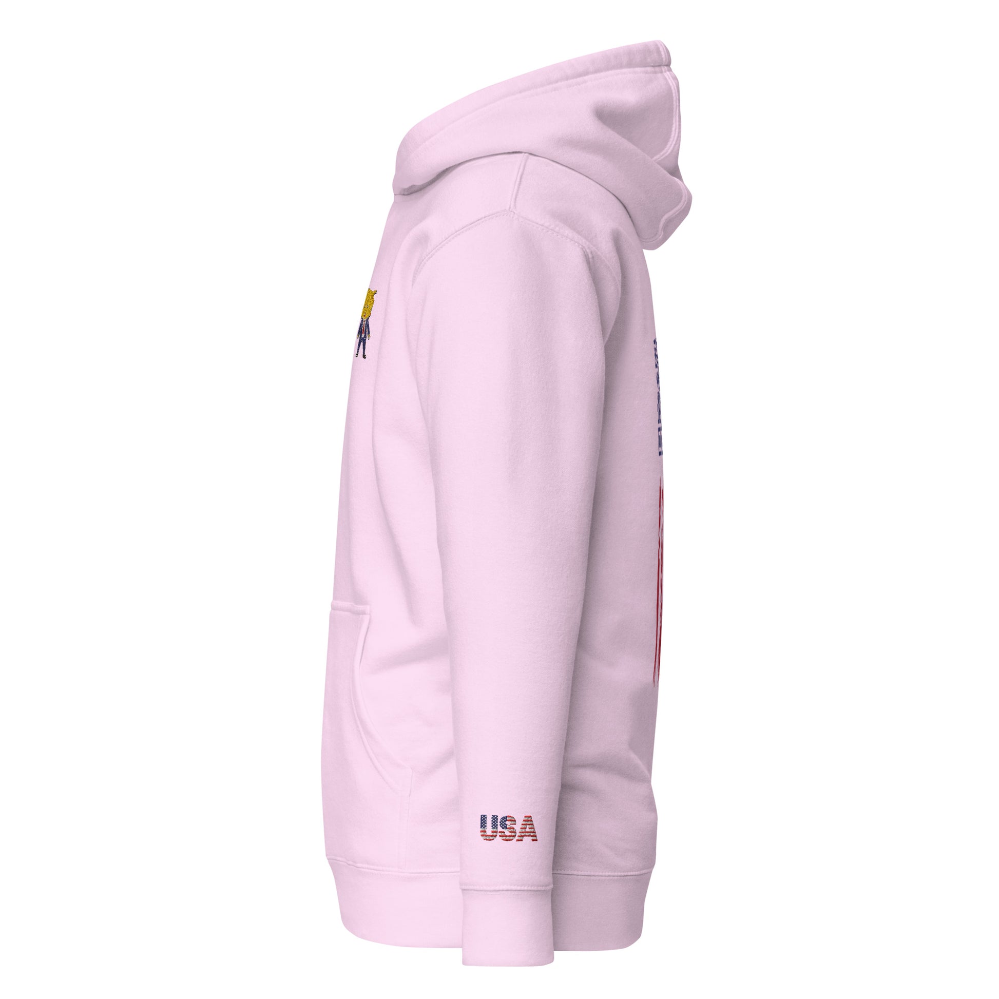 Right side view of light pink hoodie displaying Happy Trump embroidery, USA flag sleeve patch