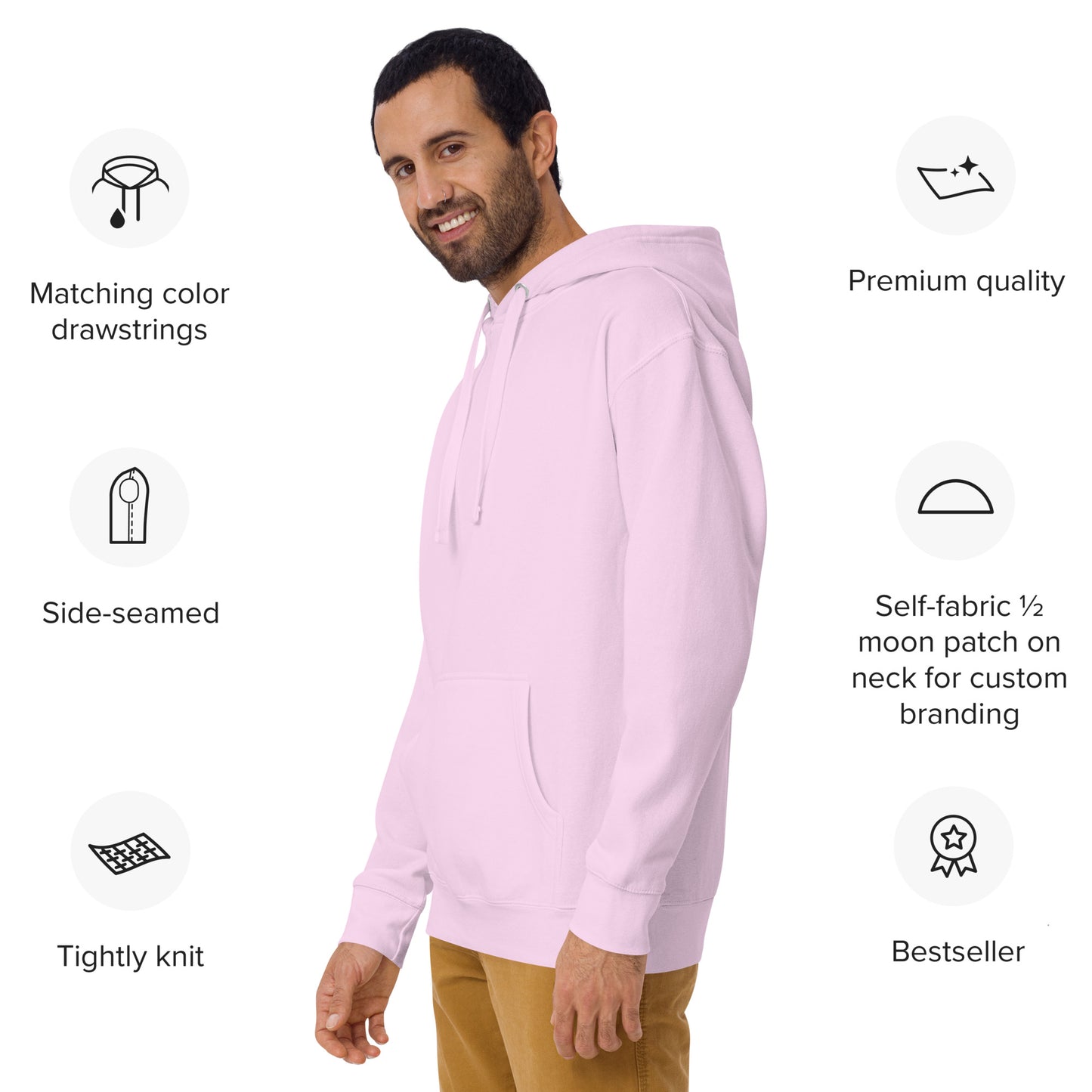 Side view of smiling male model in light pink Happy Trump Embroidered Hoodie, premium features like drawstrings and side seams highlighted