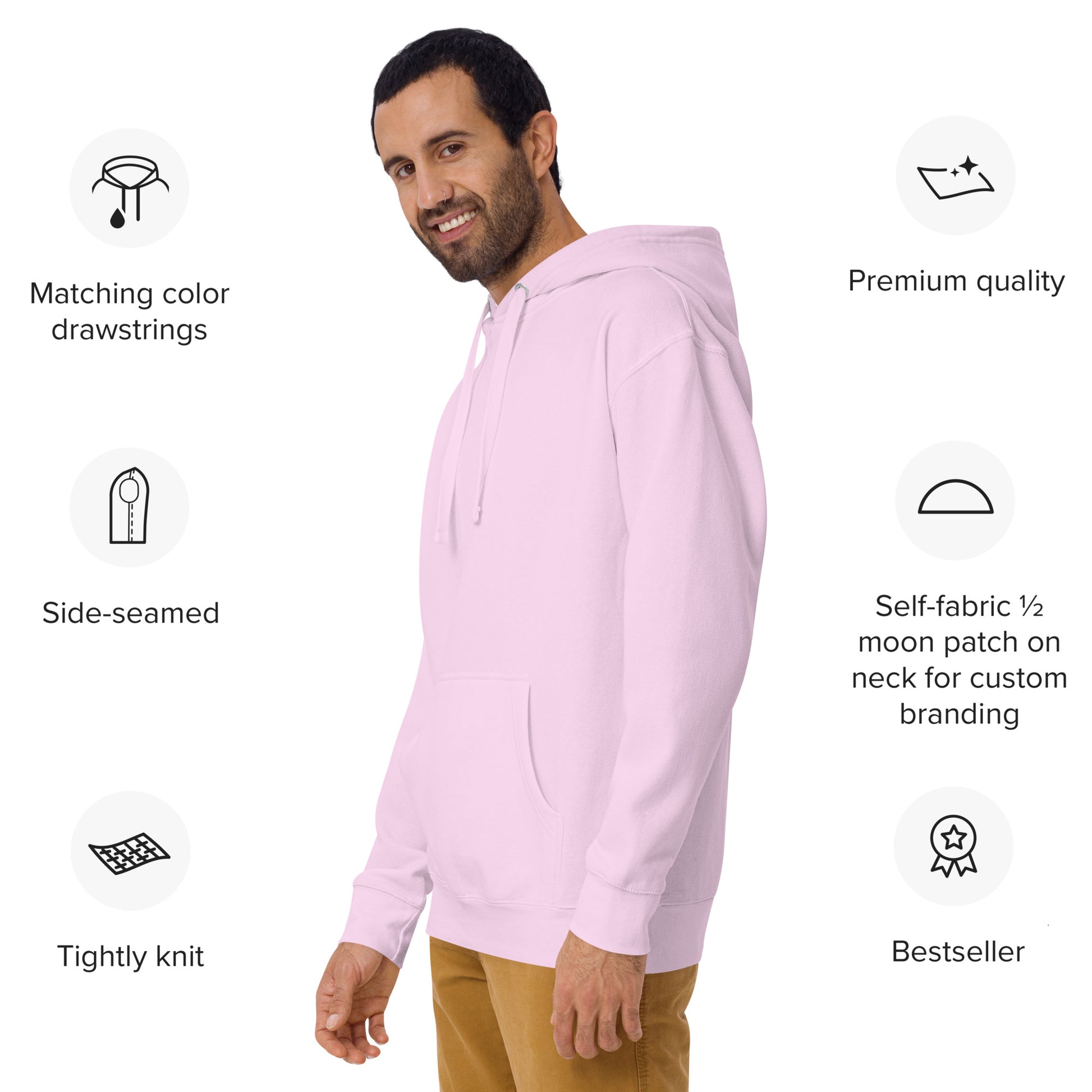 Side view of smiling male model in light pink Happy Trump Embroidered Hoodie, premium features like drawstrings and side seams highlighted