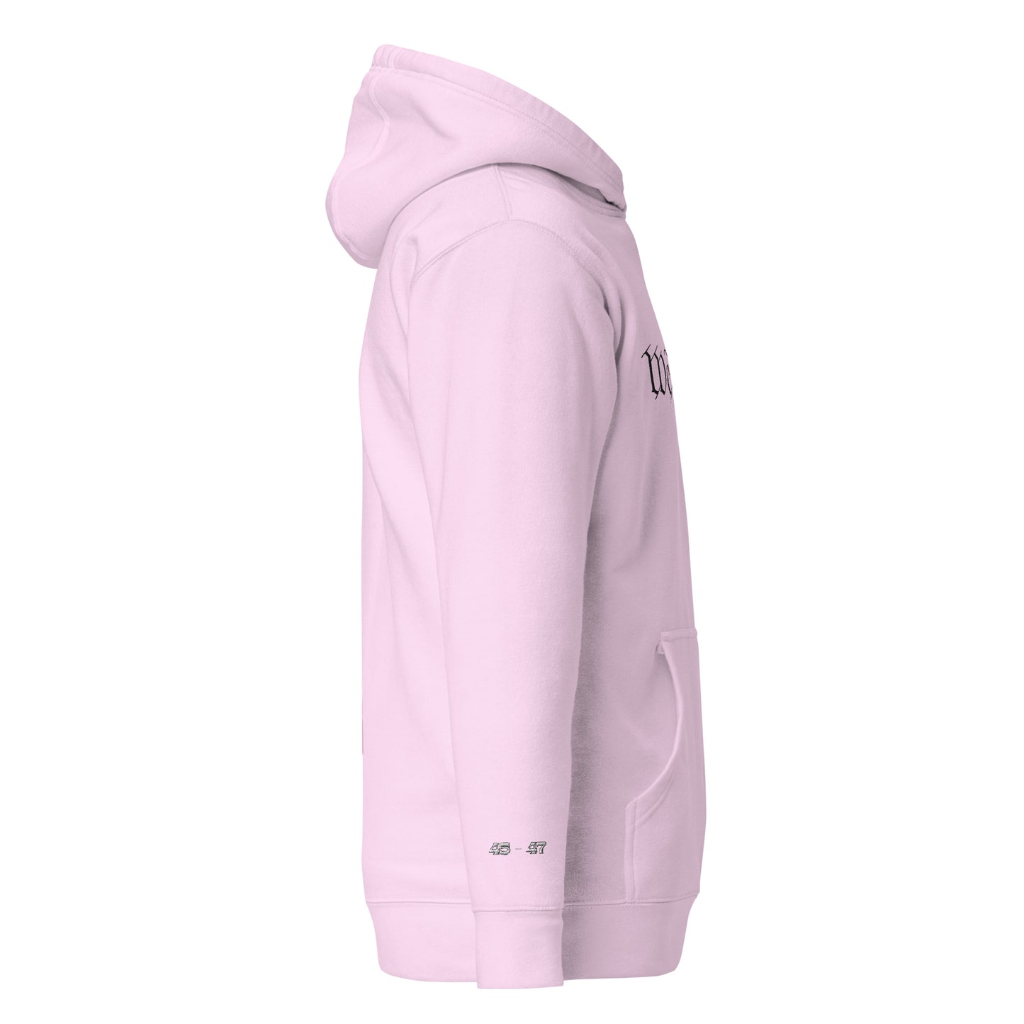 Left side view of light pink hoodie highlighting pouch pocket, hood panels, and "MGK 47" hem tag