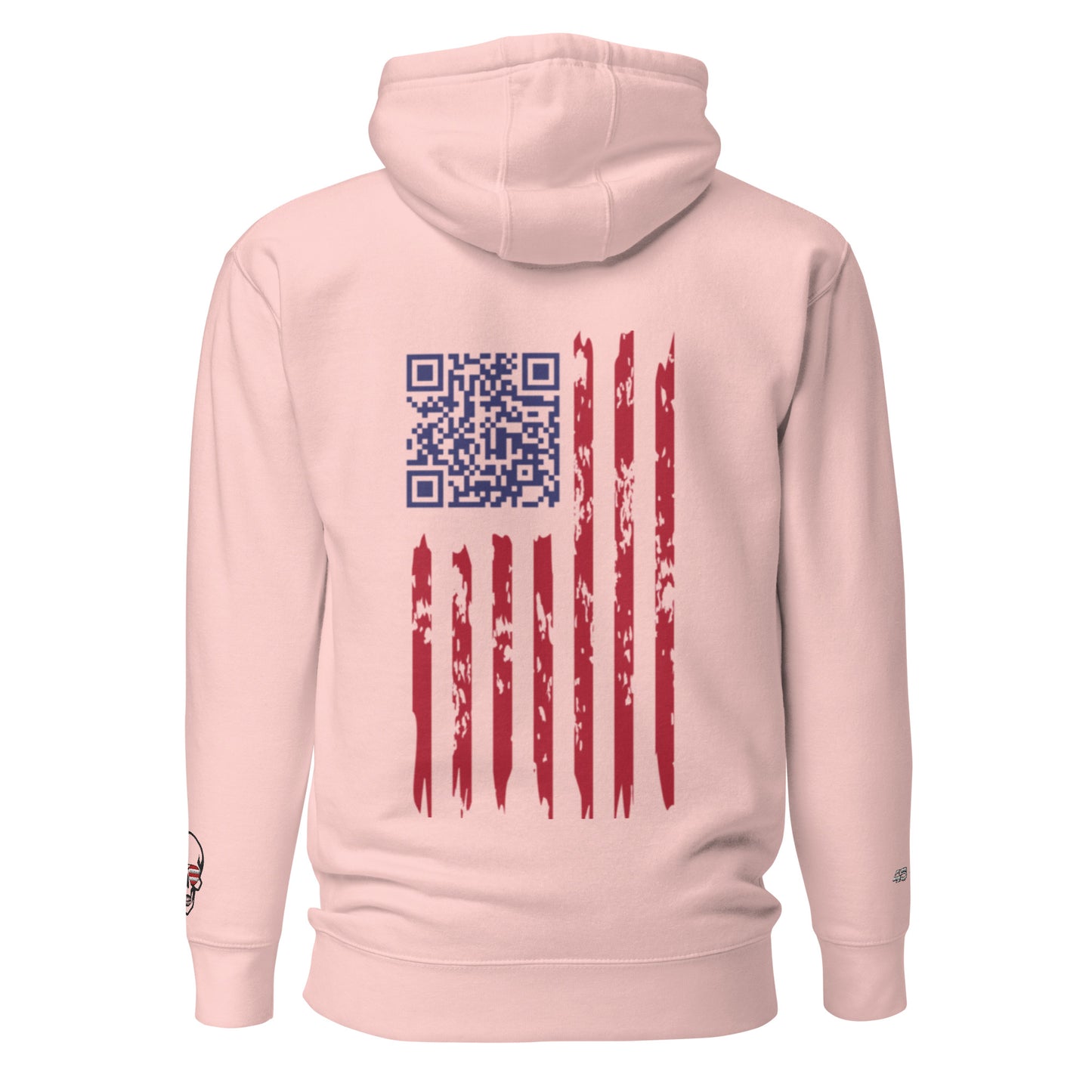 Back view of light pink unisex hoodie with embroidered QR code easter egg in blue flag canton over distressed red-white stripes, skull patch