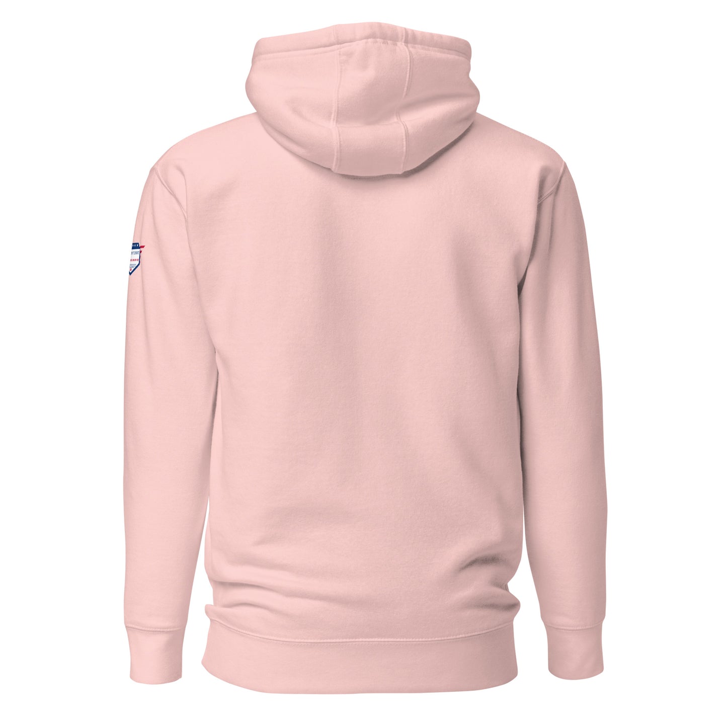 Back view of light pink unisex hoodie with USA flag shoulder patch