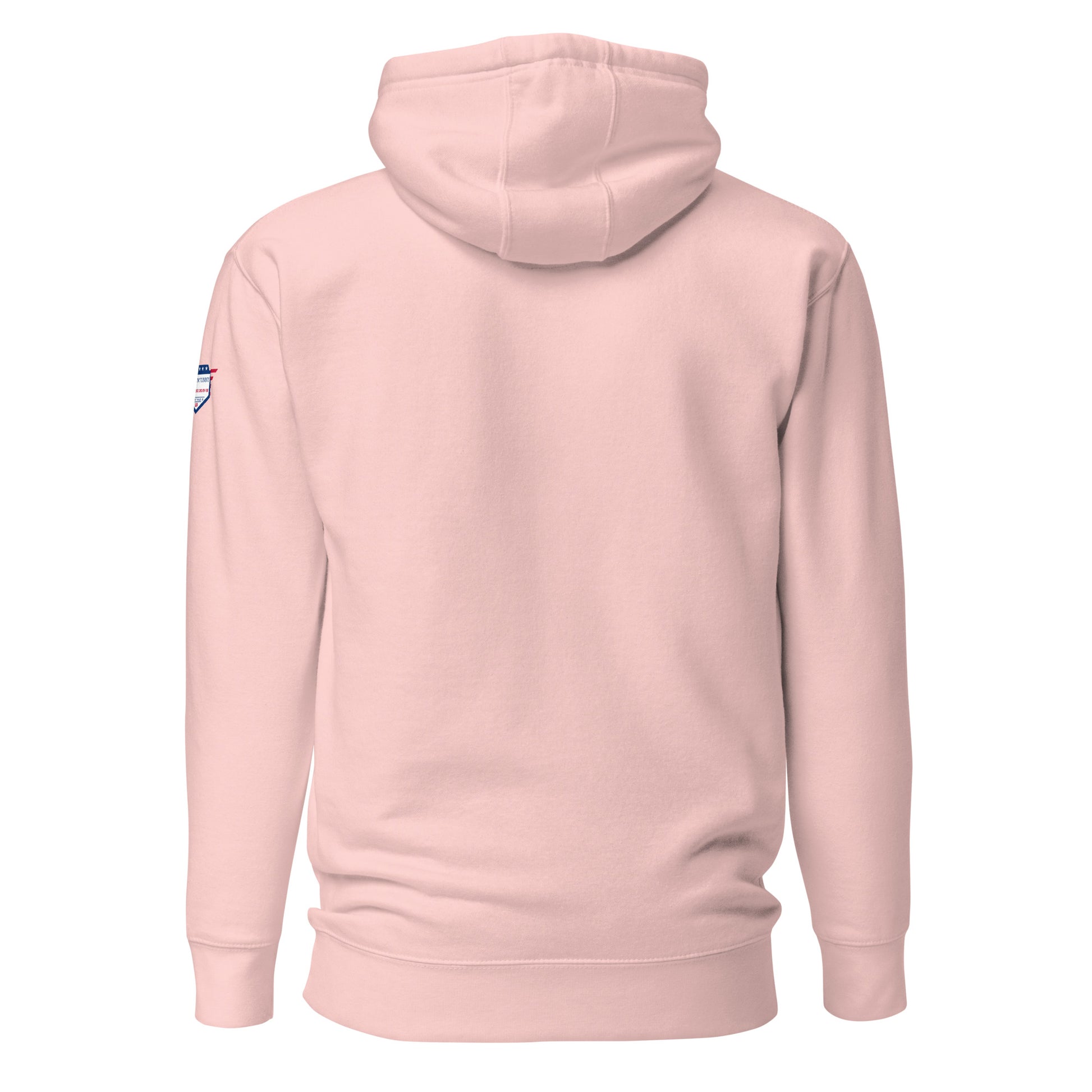 Back view of light pink unisex hoodie with USA flag shoulder patch