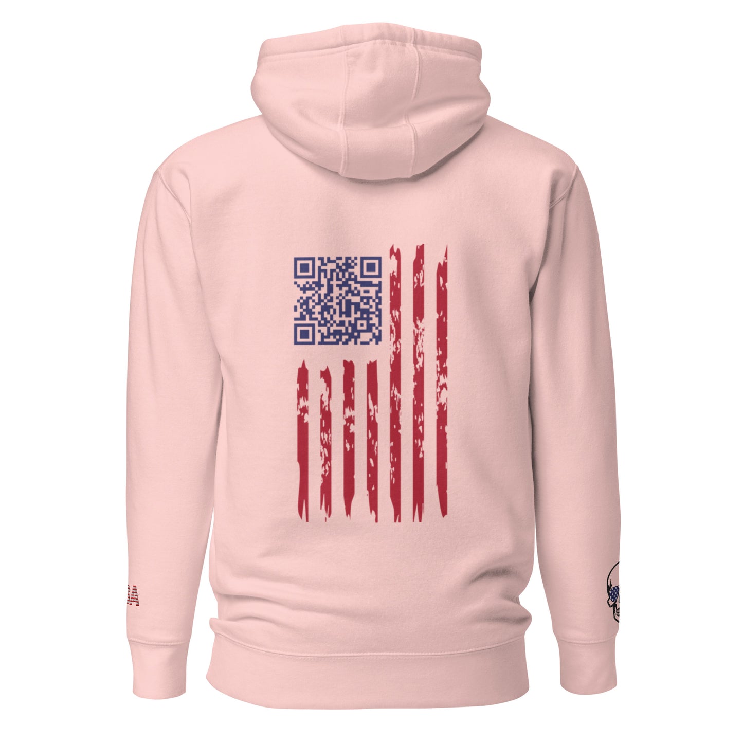 Back view of light pink hoodie featuring blue Trump dance QR code on distressed flag patch, USA skull