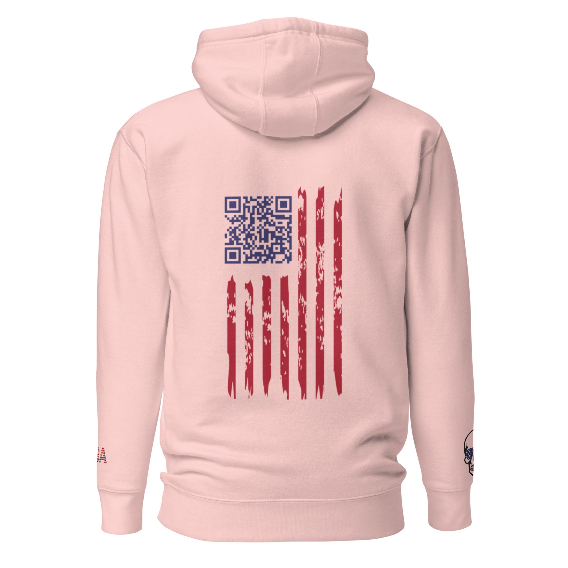 Back view of light pink hoodie featuring blue Trump dance QR code on distressed flag patch, USA skull