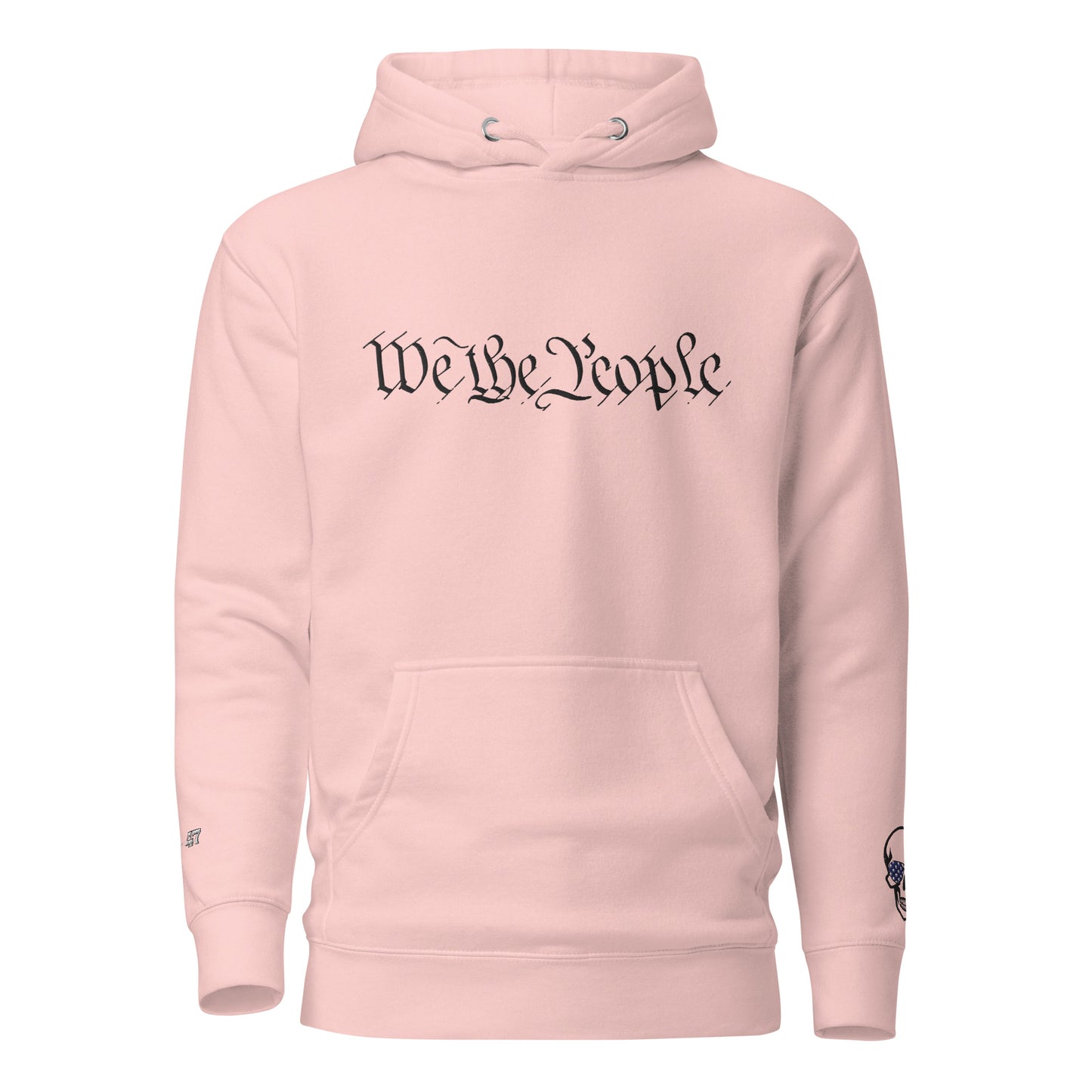 Front view of light pink unisex hoodie boasting "We the People" in stylish black embroidered script