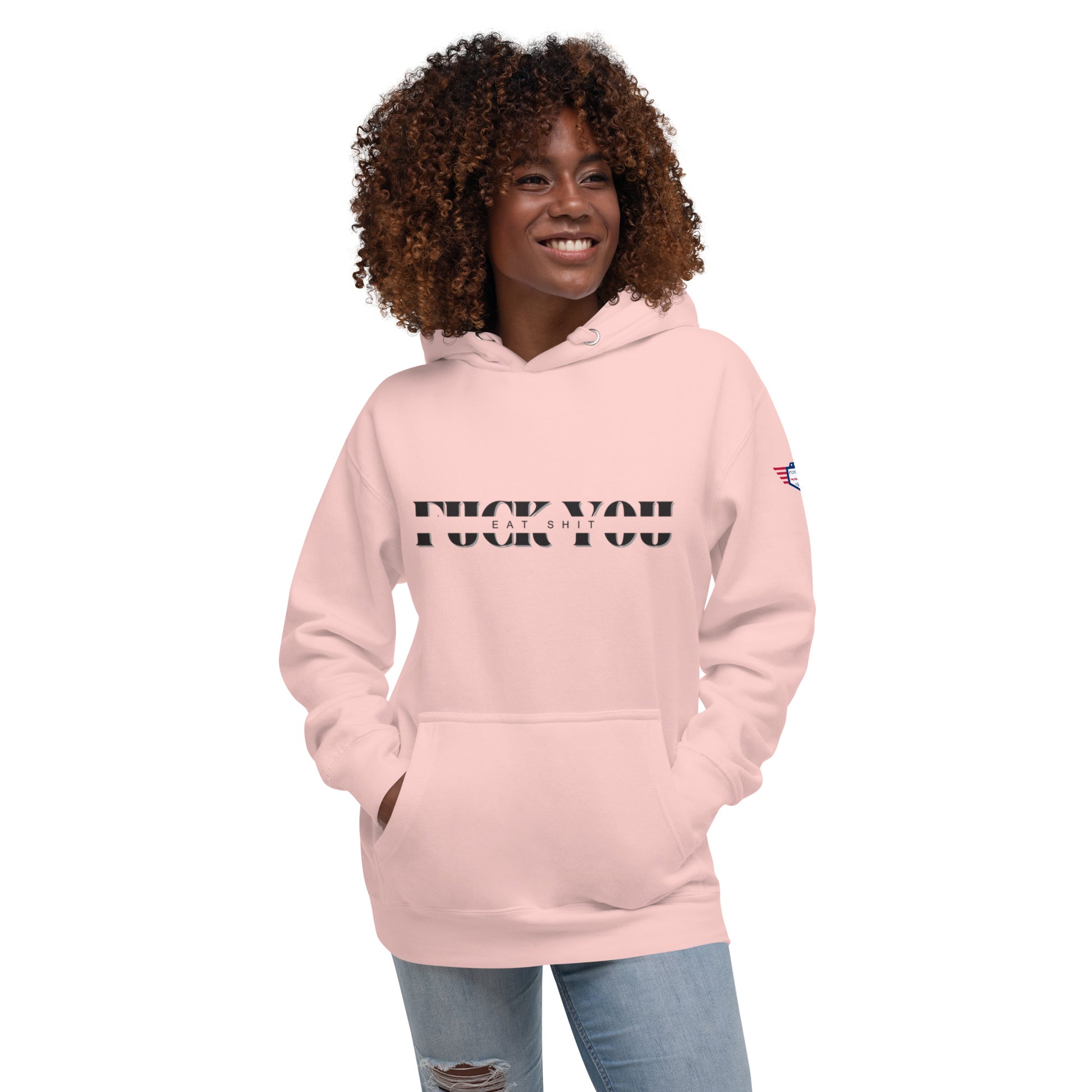 Front view of team red unisex hoodie with savage black "Eat Sh*t F*ck You" text and sleeve patch
