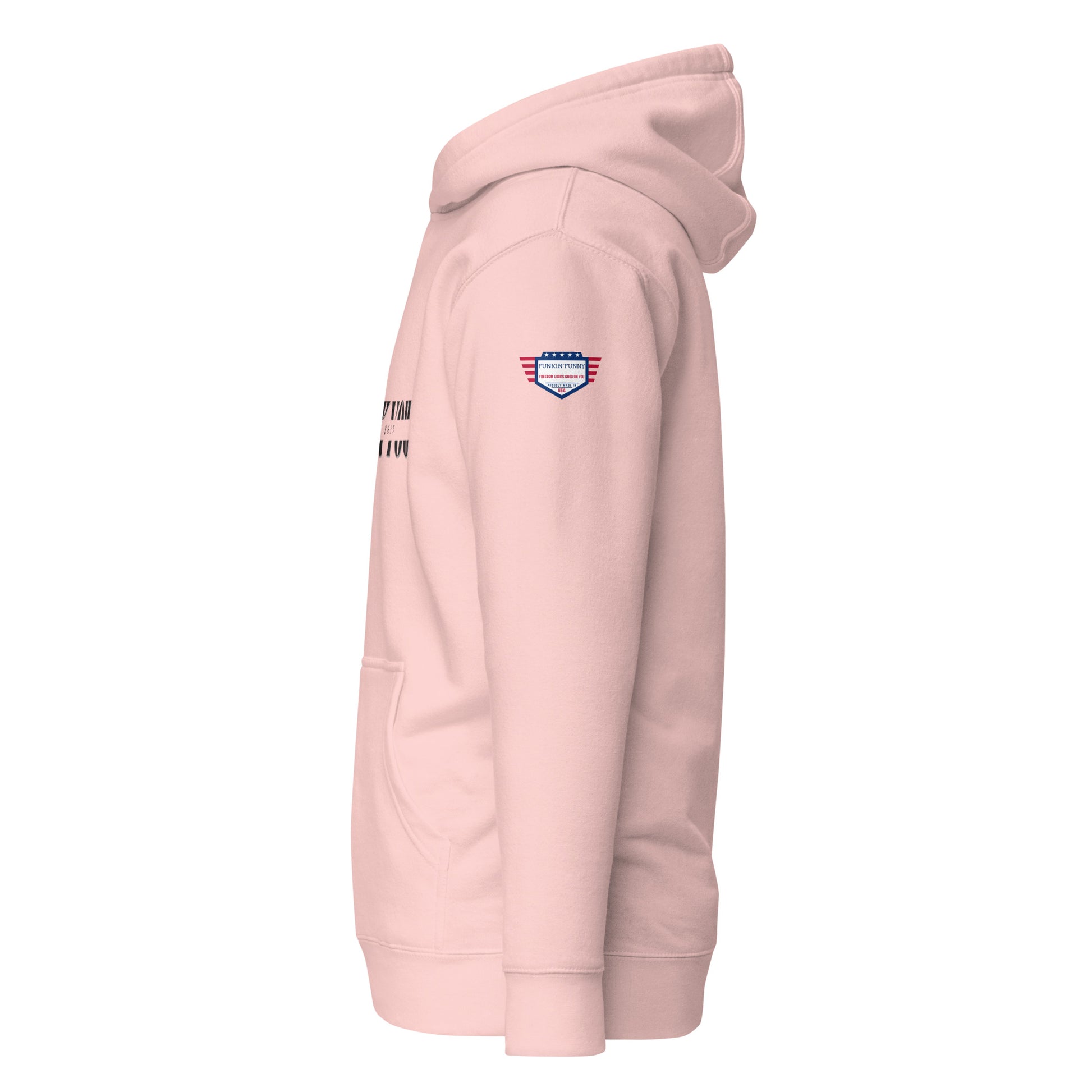 Right side view of light pink unisex hoodie showing USA flag sleeve patch