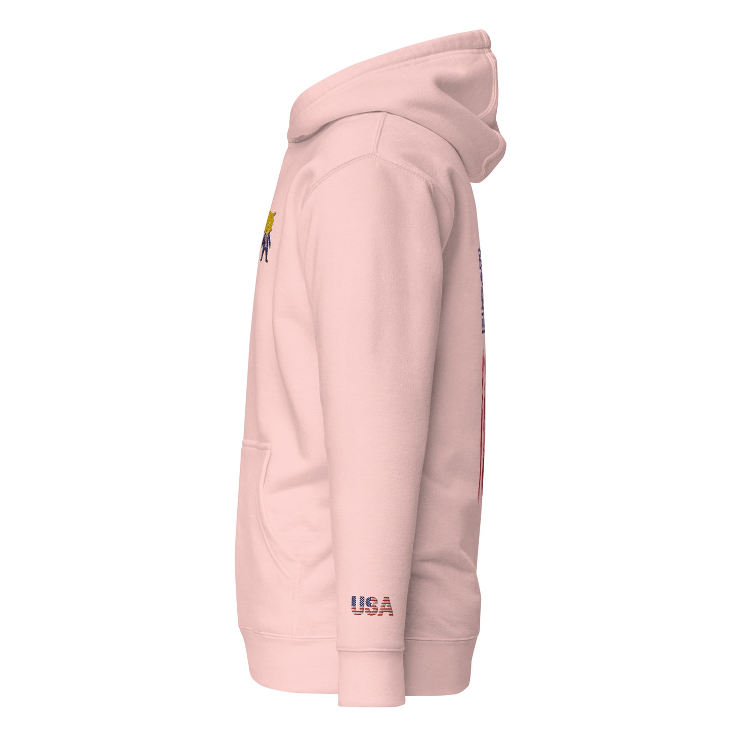 Right side view of light pink hoodie showing Happy Trump embroidery and USA sleeve patch