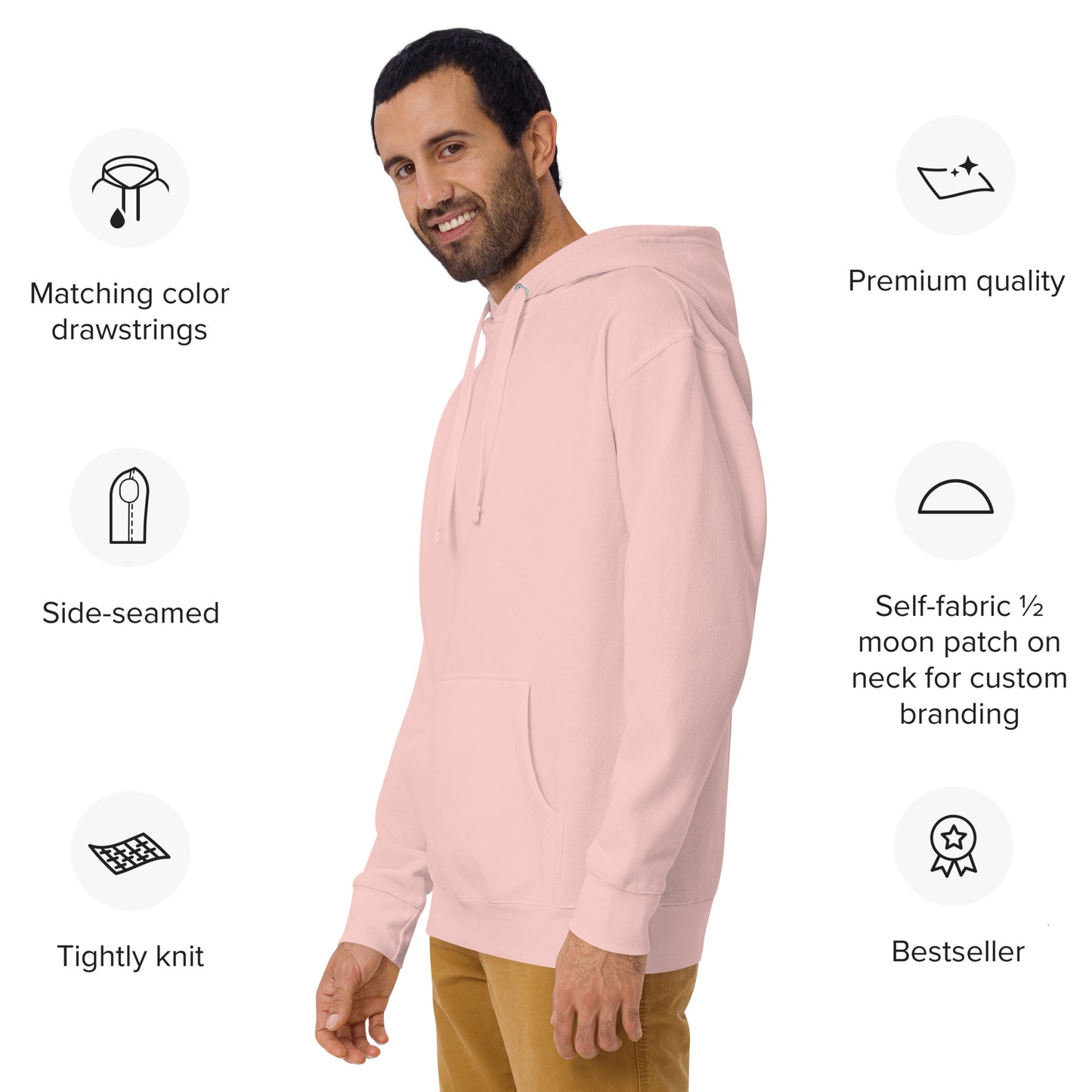 Side front view of Light Pink Happy Trump Embroidered Hoodie on smiling bearded model, cozy vibes