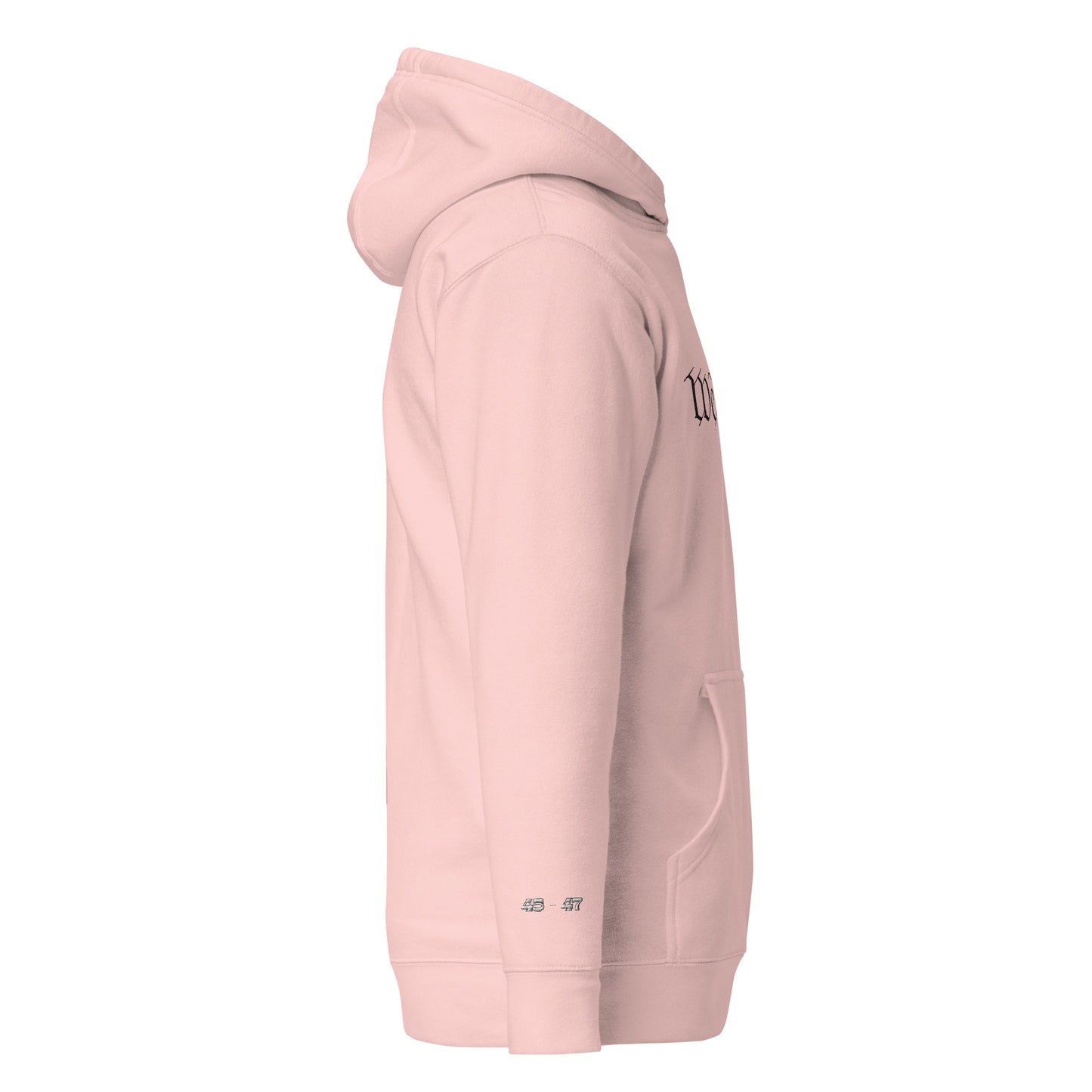 Left side view of light pink hoodie with front pouch pocket, drawstrings, hem label, and subtle sleeve details