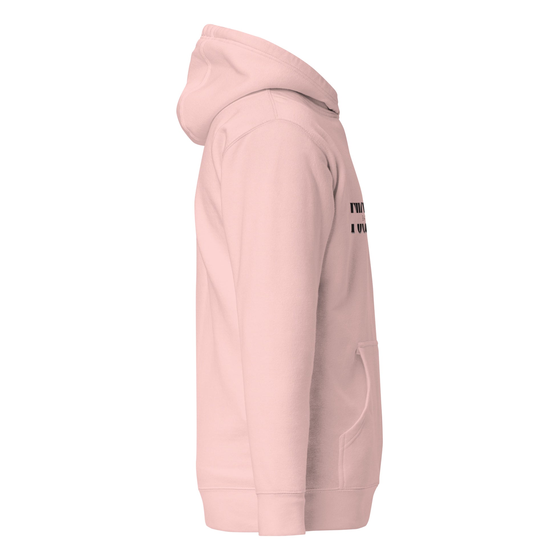 Left side view of light pink unisex hoodie with partial "Eat Shit" text