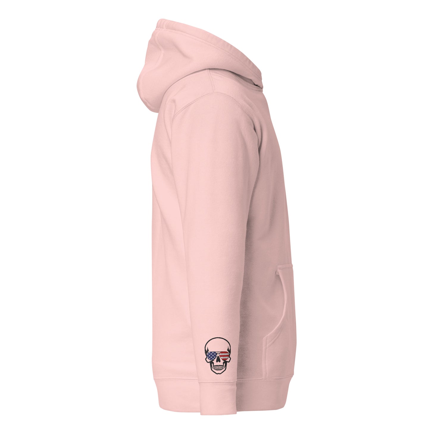 Left side view of light pink hoodie with pouch pocket, skull US flag on sleeve