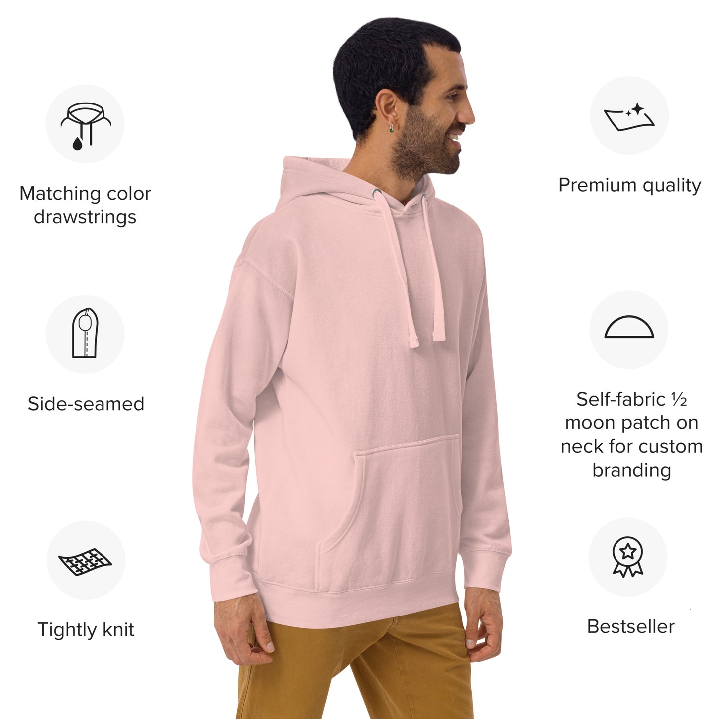 Side rear view of Light Pink Happy Trump Embroidered Hoodie on bearded model walking, features shown