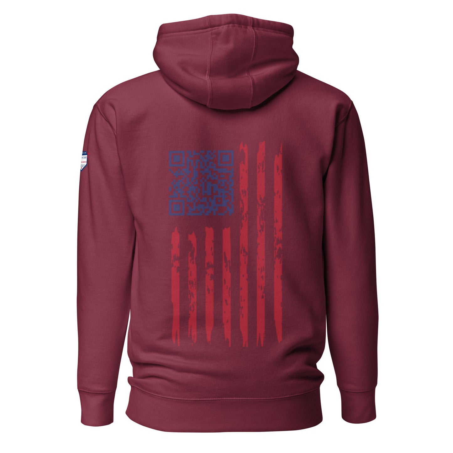 Back view of maroon hoodie with blue Trump Dance QR code over distressed red-white-blue flag