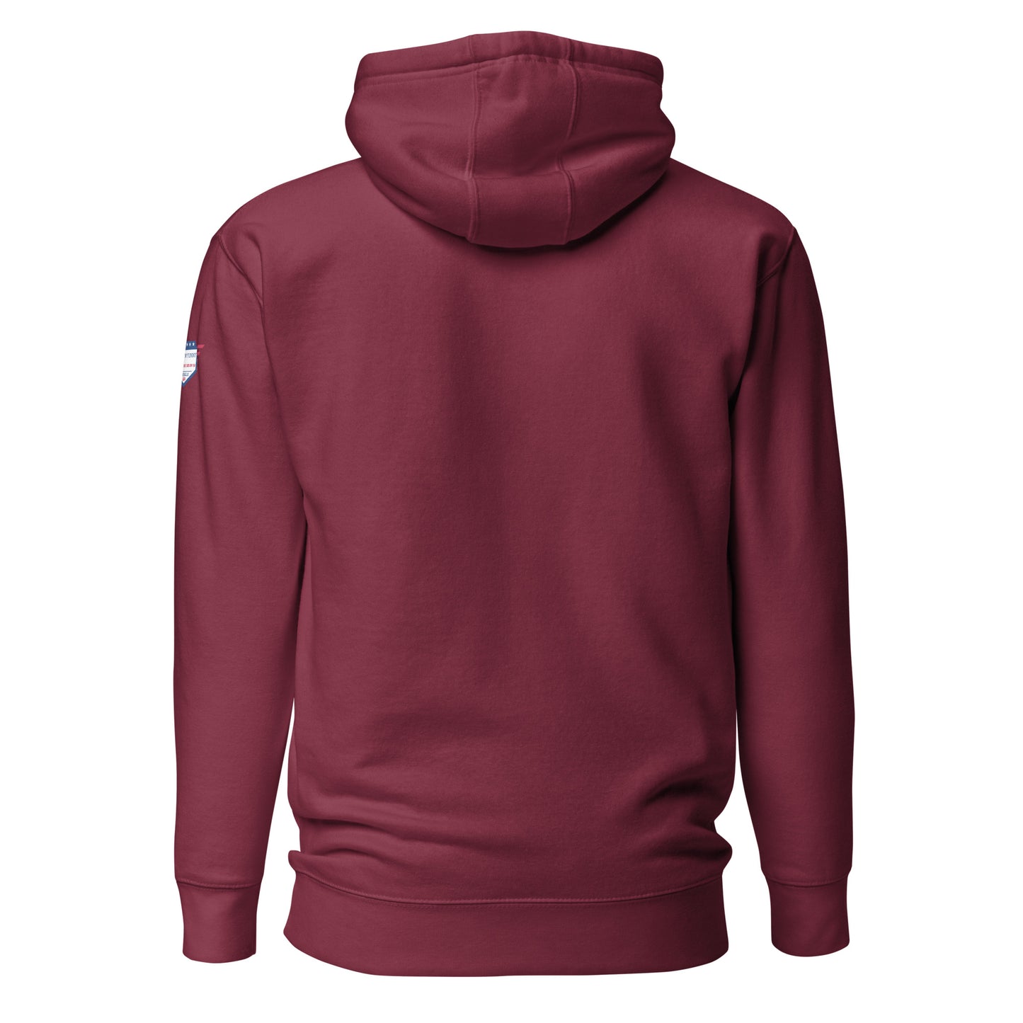 Back view of plain maroon Detective unisex hoodie featuring small USA flag shoulder patch