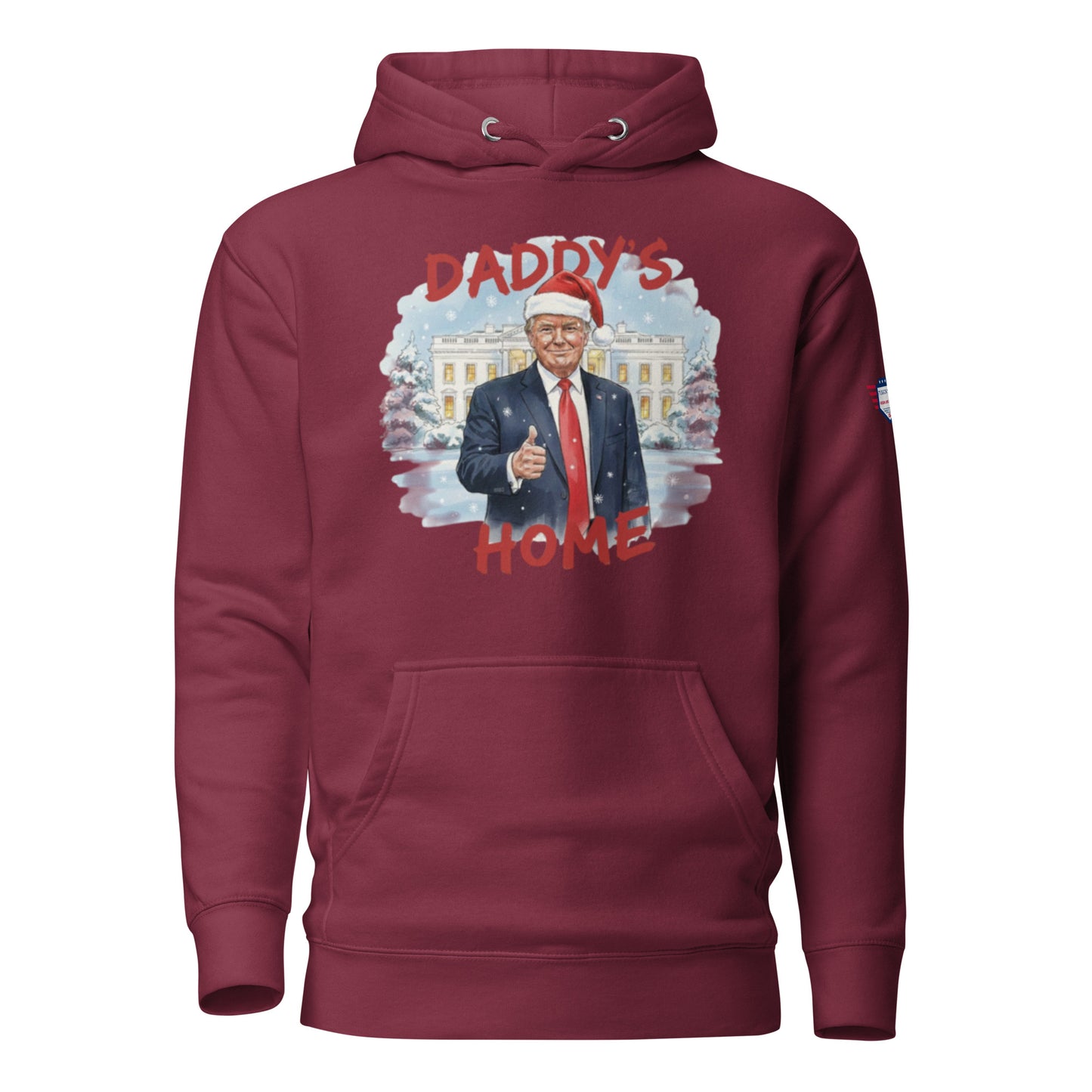 Front view of maroon Daddy’s Home Santa Trump hoodie against snowy White House scene