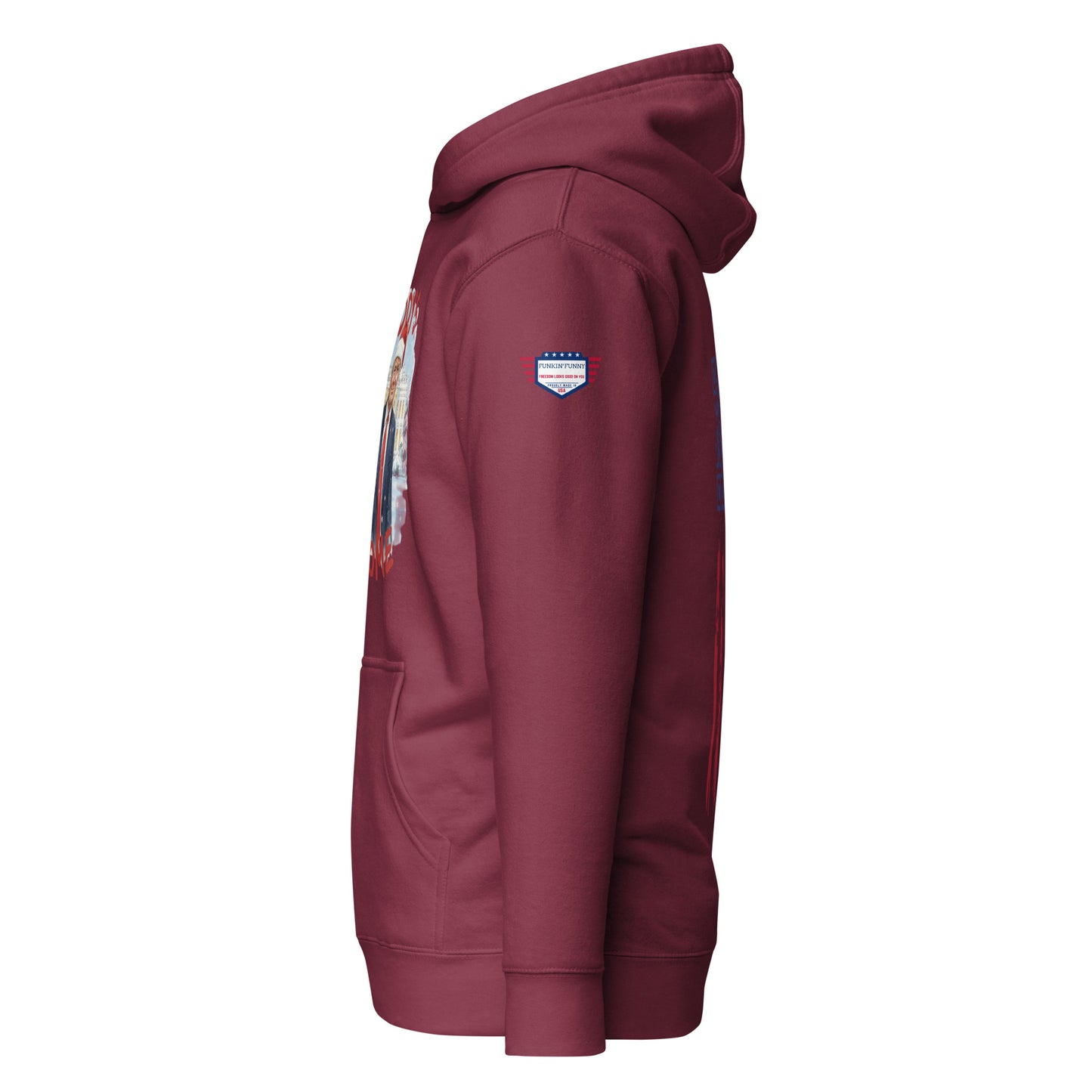 Side view of maroon Trump hoodie with embroidered US flag patch and partial Santa graphic