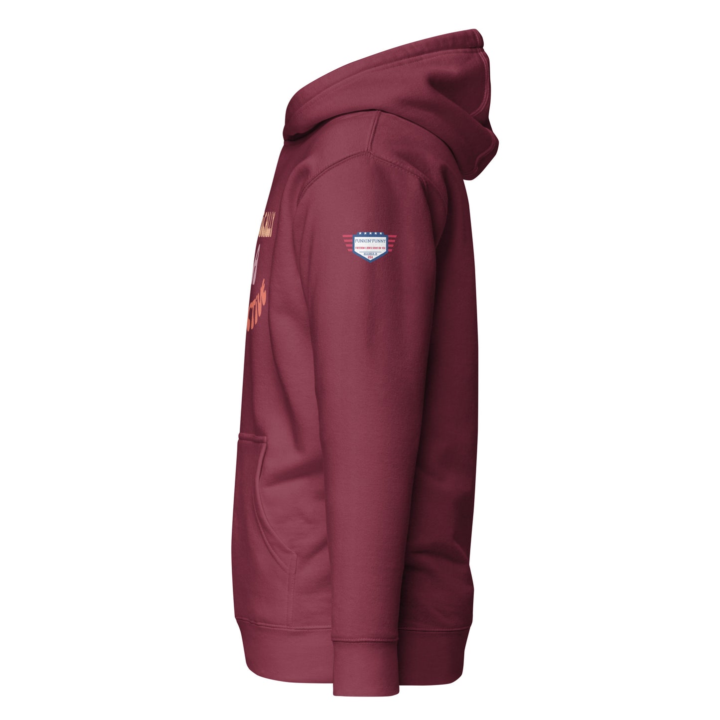 Right side view of maroon Detective hoodie, partial front design visible, pouch pocket, USA flag sleeve patch