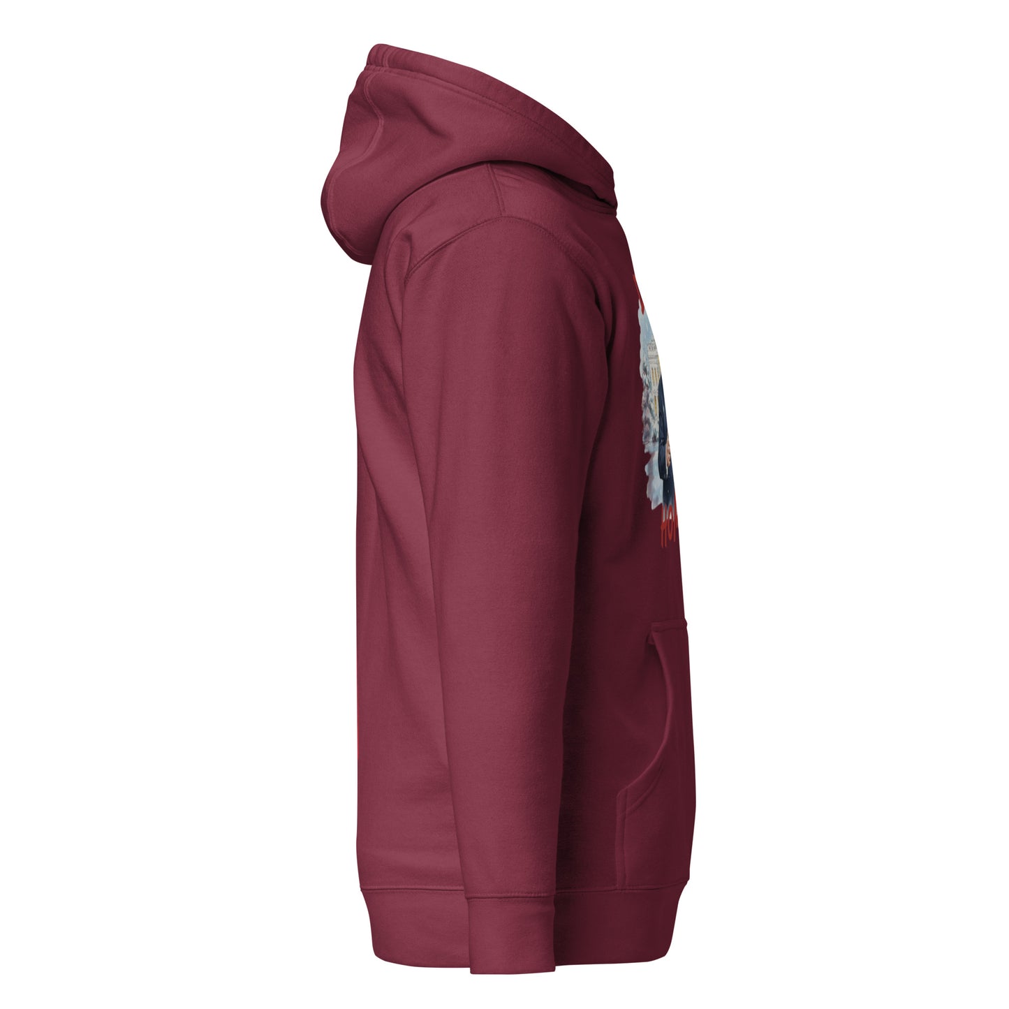 Side view of maroon Christmas hoodie showing front pouch pocket and design edge