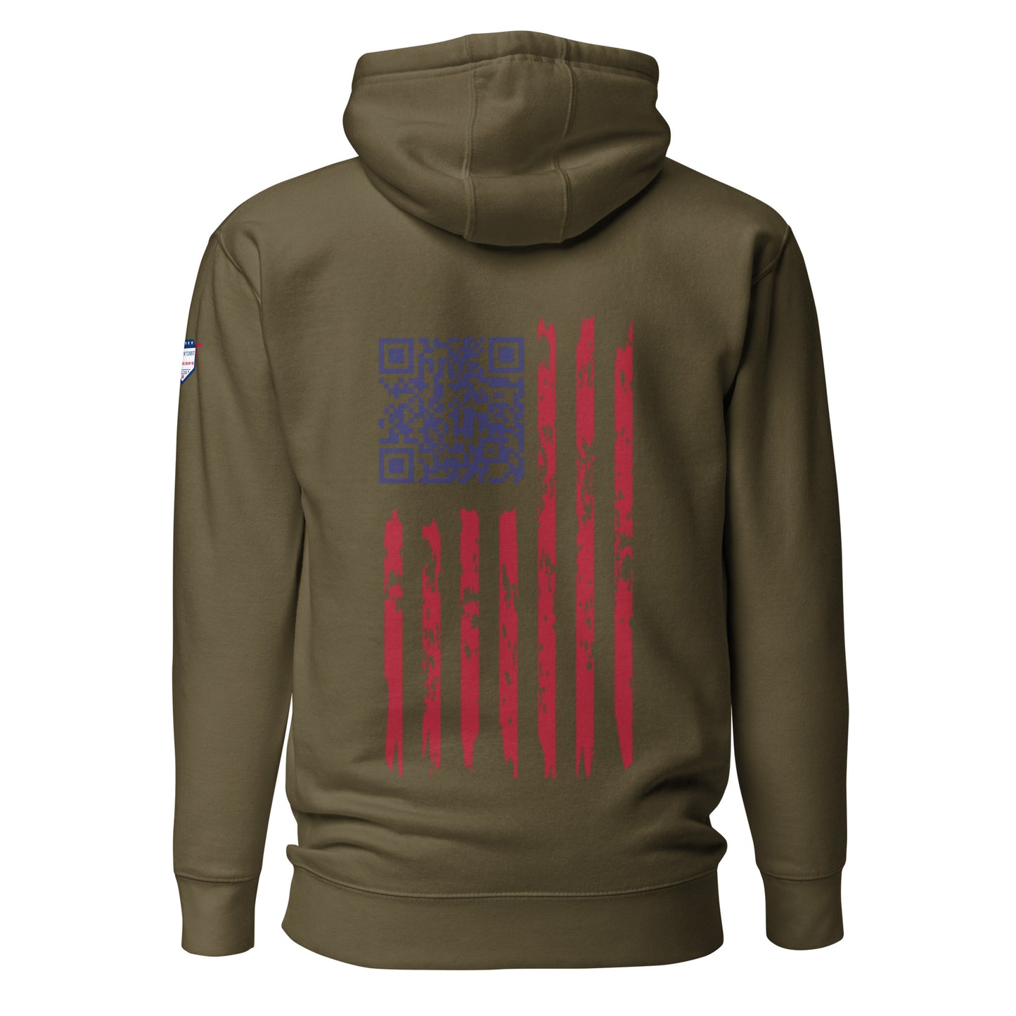 Back view of military green Christmas hoodie featuring blue Trump dance QR code on faded flag