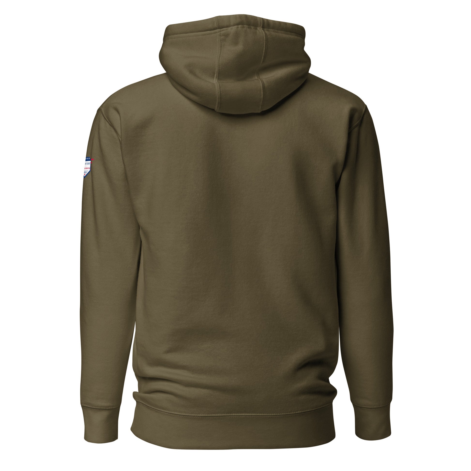 Back view of olive green unisex hoodie highlighting shoulder patch