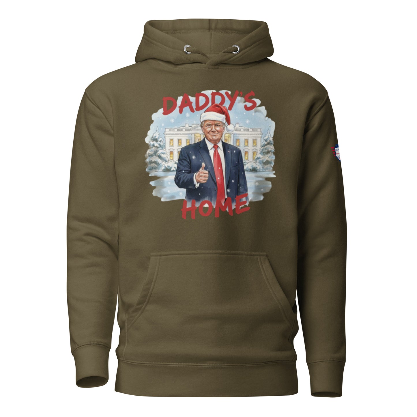 Front navy green Daddy’s Home Trump Santa hoodie with red text and snowy scene