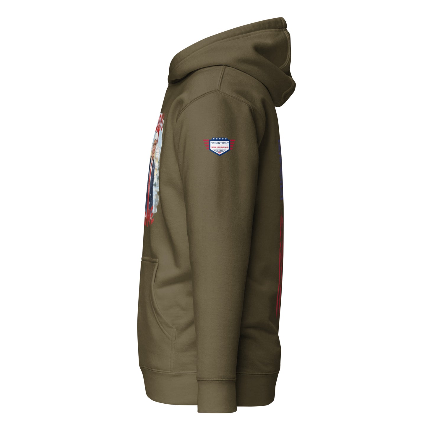 Left side profile of army green hoodie with edge of Trump Santa print, flag patch, kangaroo pocket