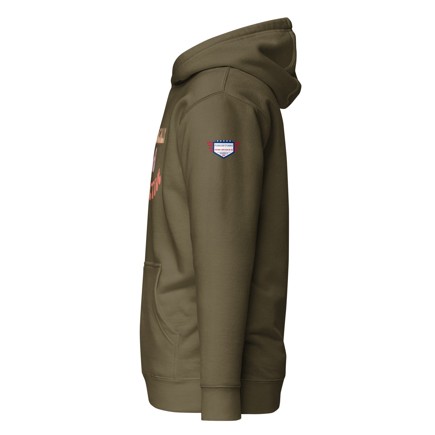 Right side view of olive green unisex hoodie with blue flag patch and kangaroo pocket