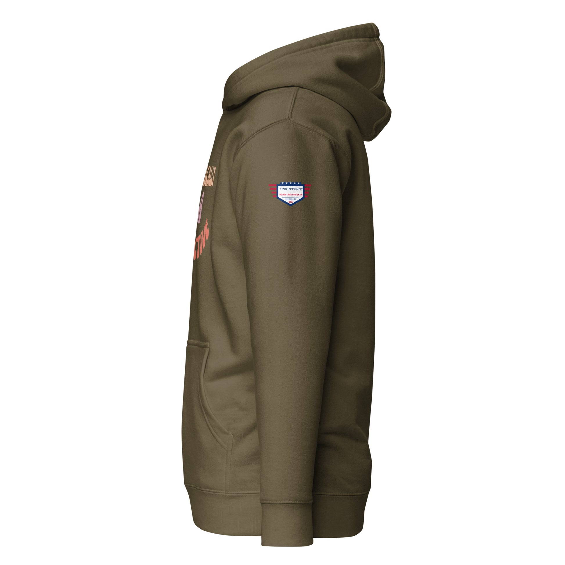 Right side view of olive green unisex hoodie with blue flag patch and kangaroo pocket